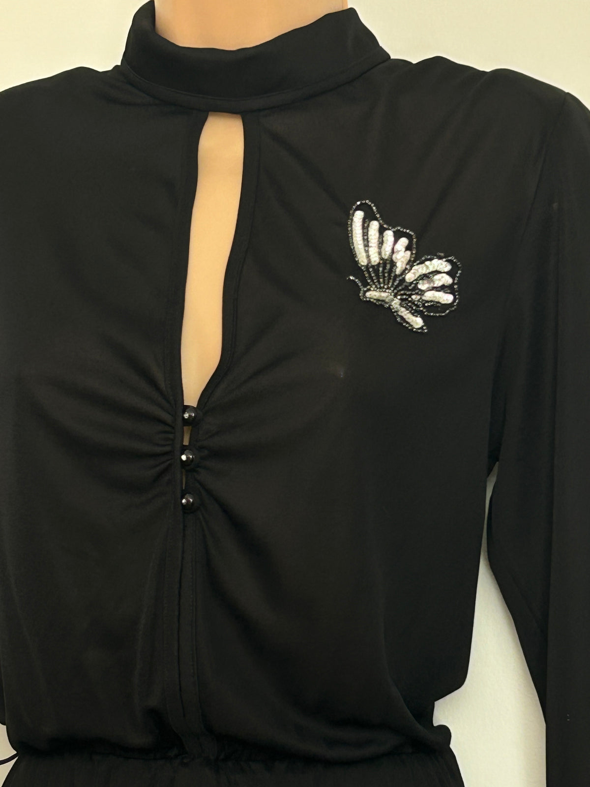 Vintage Late 1970s MARIA KROLL Size 8-10 Black Long Sleeve Silver Sequin Butterfly Detail Evening Dress