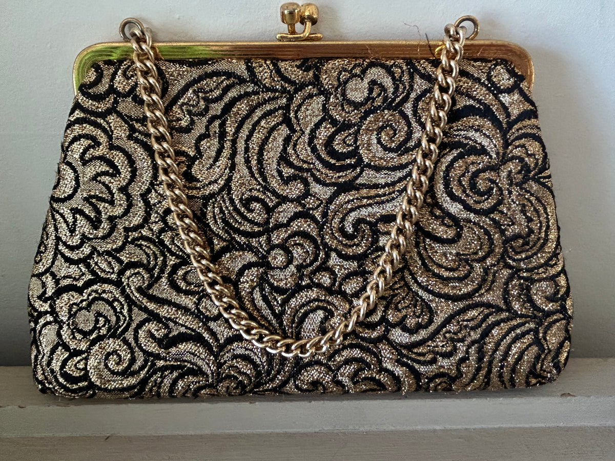 Vintage 1960s Small Black & Metallic Gold Floral Evening Bag With Chain Handle