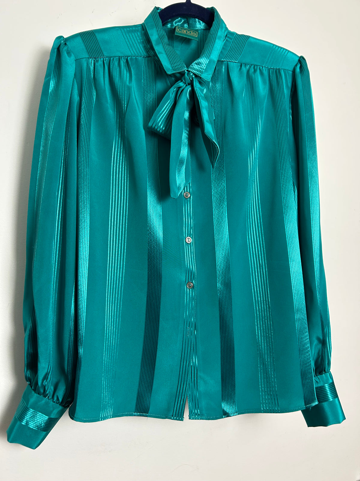 Vintage 1980s CANDA Size 16 Jade Green Pussy Bow Secretary Blouse