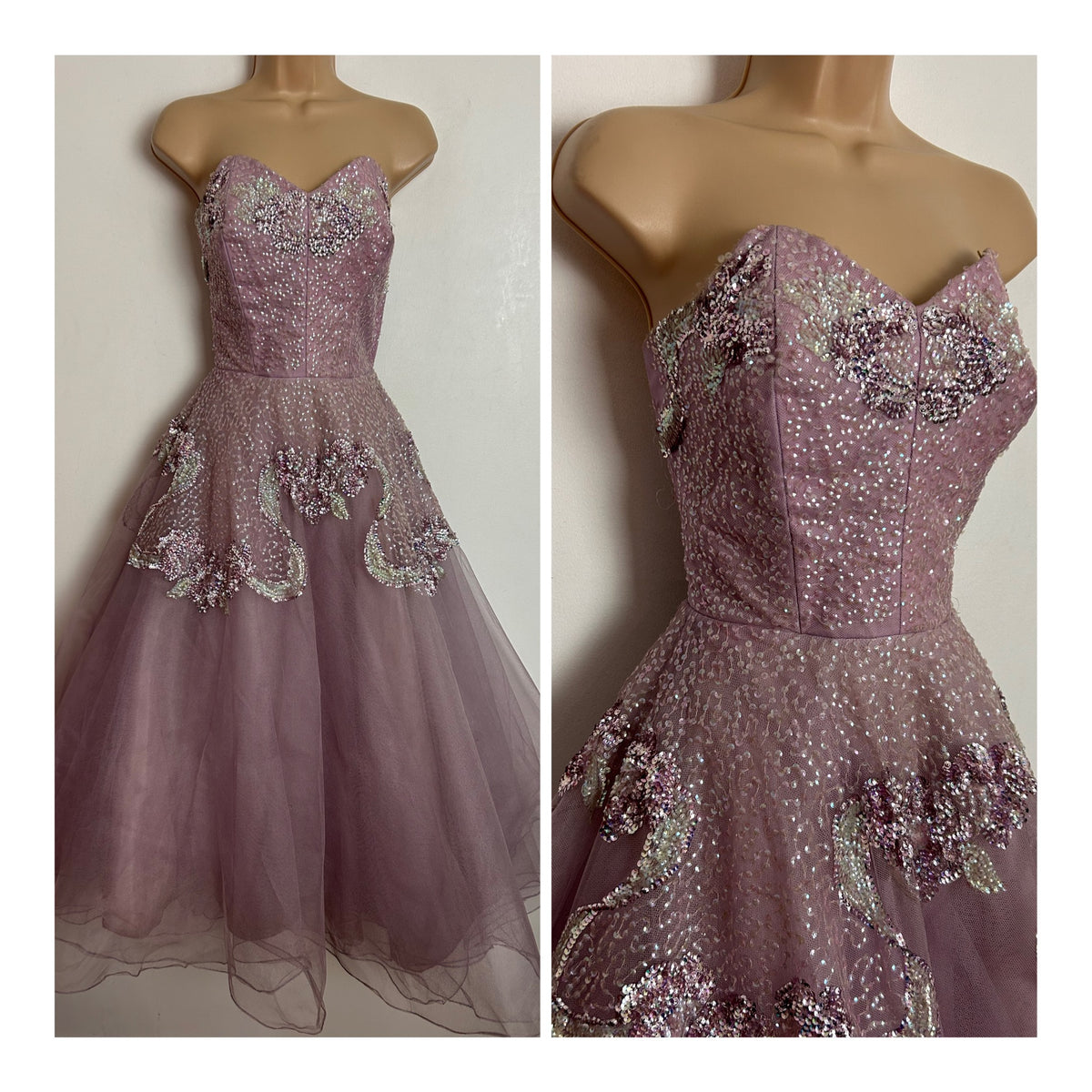Vintage Early 1950s (Possibly 1940s) UK Size 6 Pale Mauve Tulle Net Sequin Strapless Princess Ballgown
