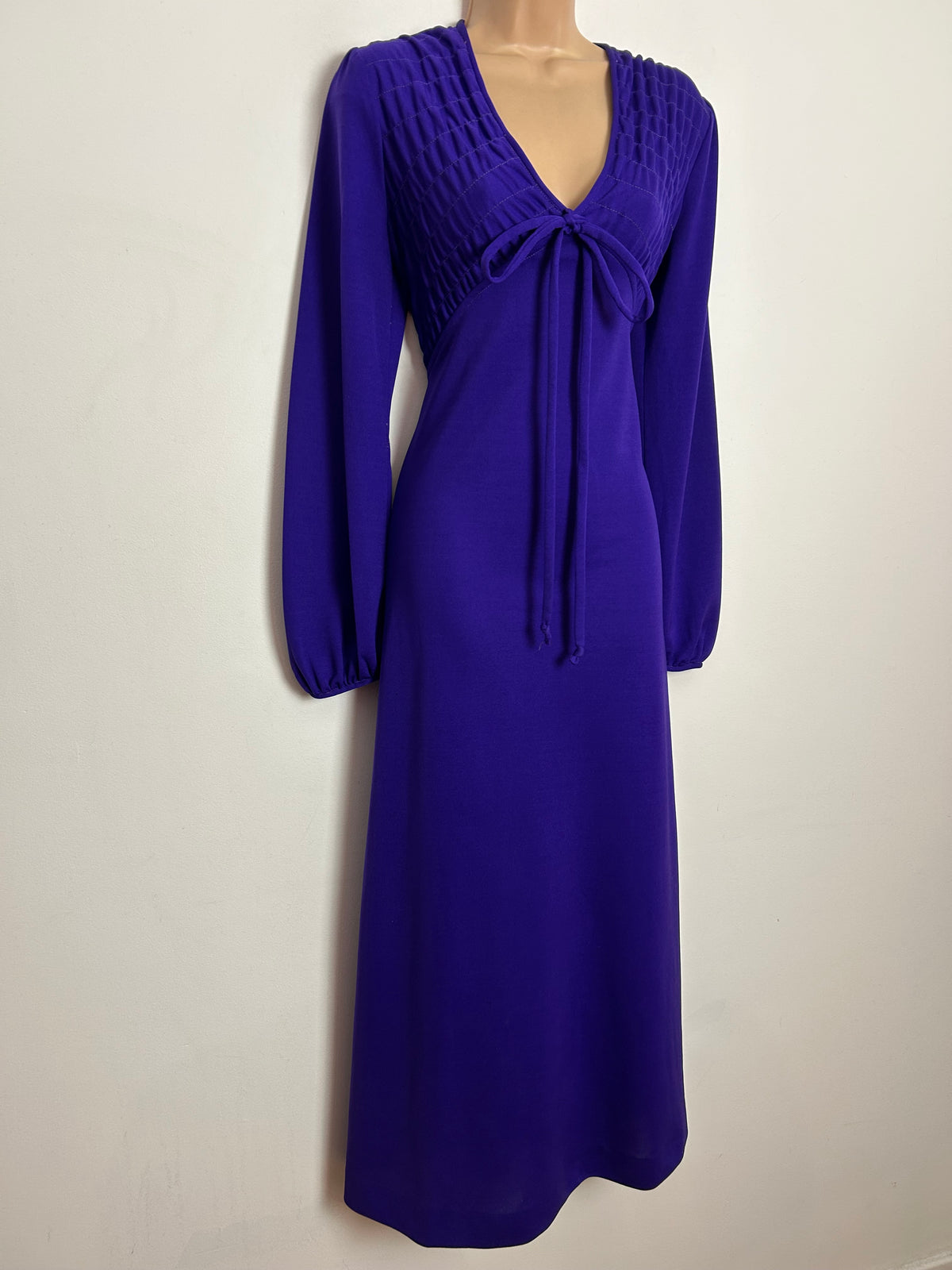 Vintage 1970s UK Size 10-12 Purple Shirred Bodice Long Sleeve Boho Maxi Dress