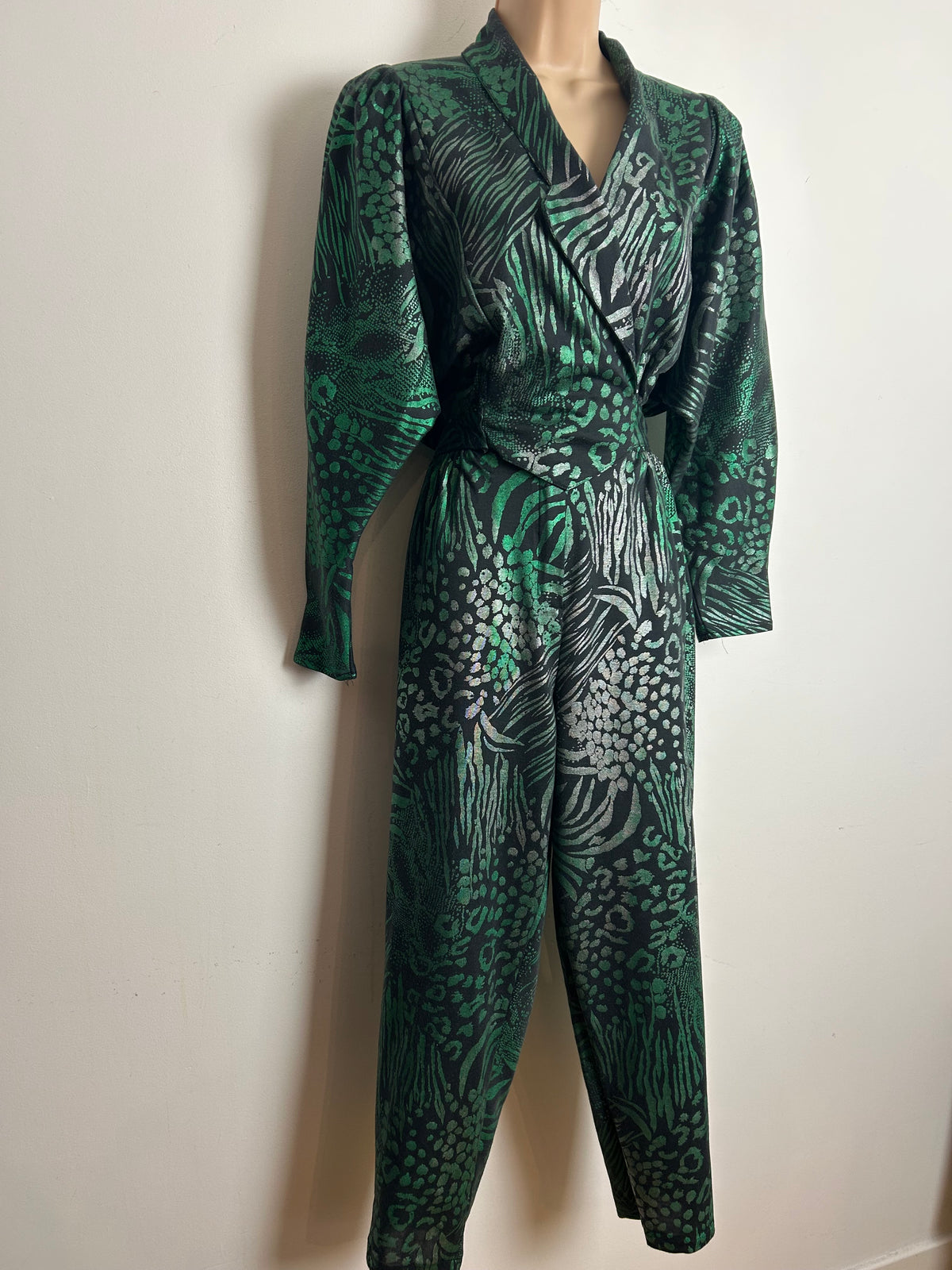 Vintage 1980s Size 10 Black & Green Iridescent Animal Print Bat Wing Wrap Bodice Jumpsuit