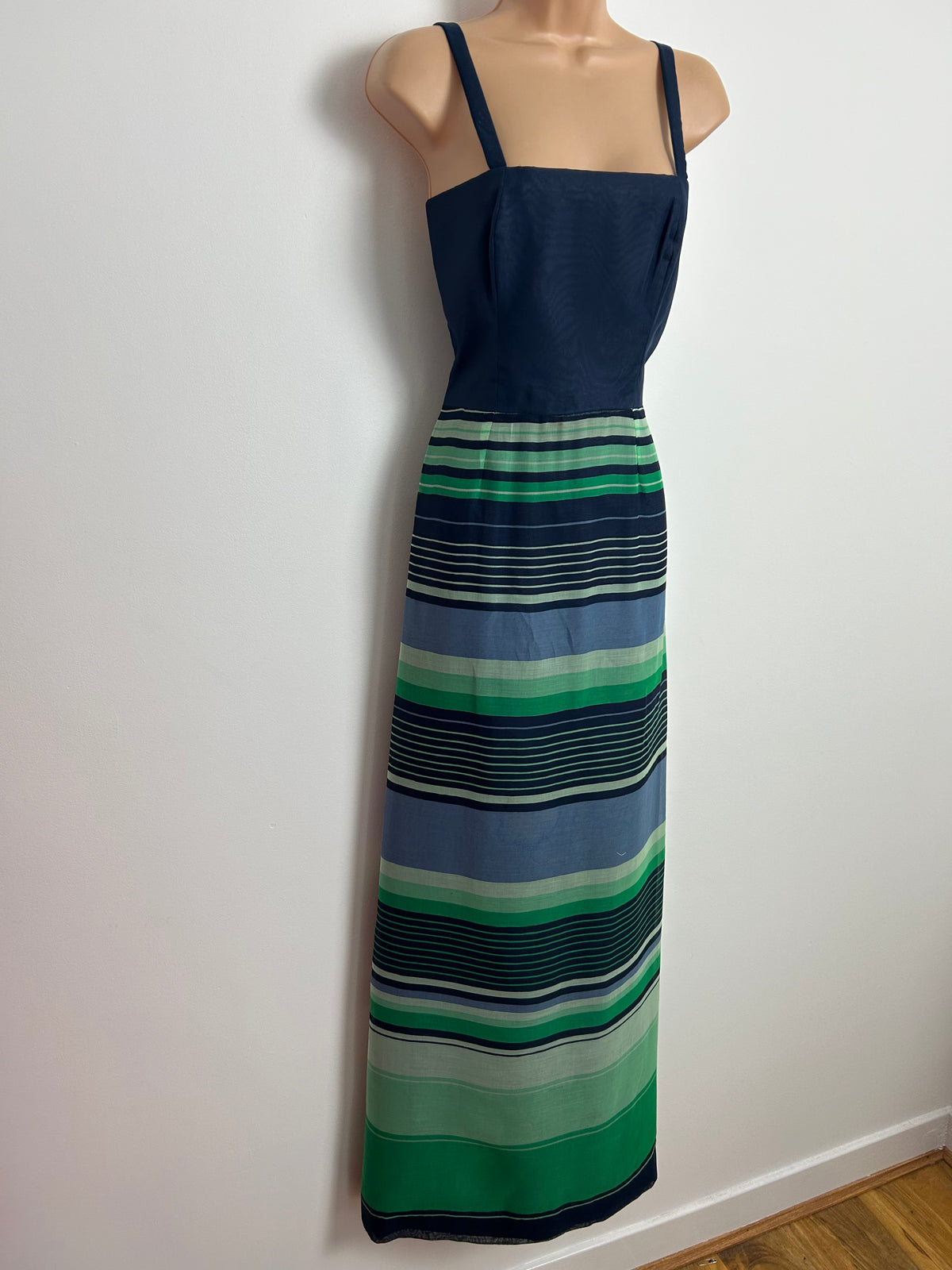 Vintage Late 1960s G. VALENS BRUXELLS Size 8-10 Navy Blue & Green Stripe Maxi Dress