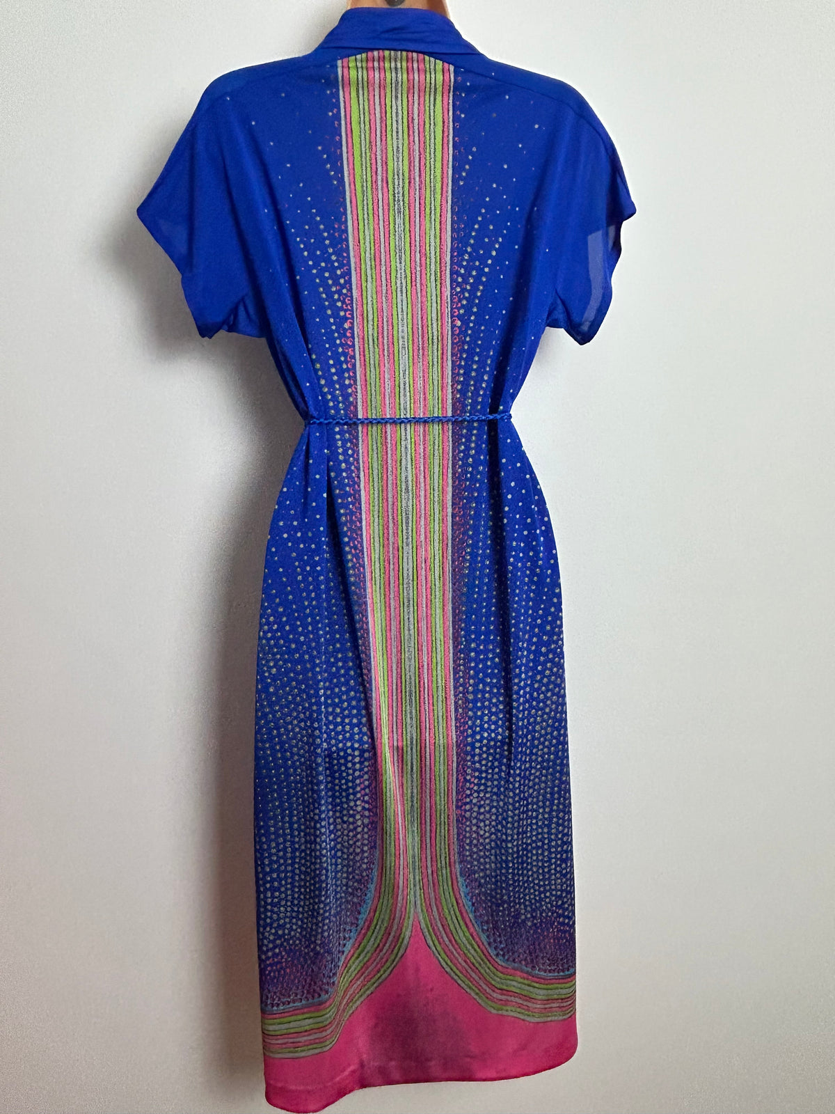 Vintage 1970s Super Rare PRINCESS RASPANTI Size 12-14 Blue Pink & Green Print Dagger Collar Belted Dress