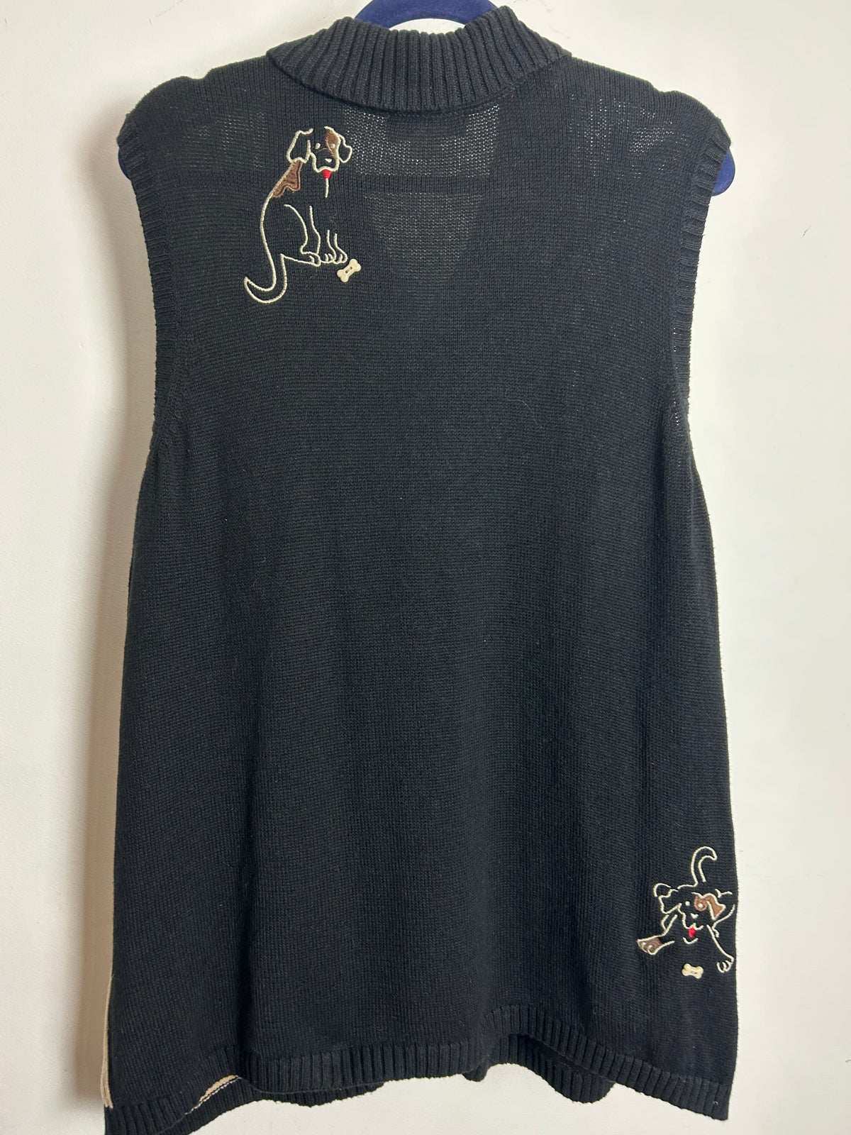 Vintage Y2K CJ BANKS Size 16/18 Black & Beige Cotton Mix Embroidered Dog Pattern Novelty Sleeveless Cardigan