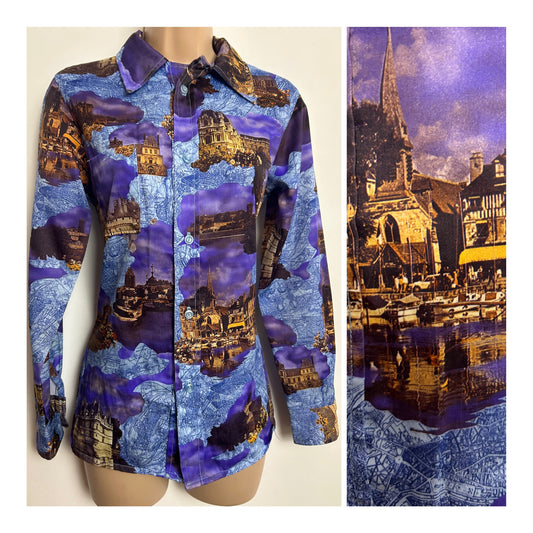 Vintage 1970s Size 8-10 Purple & Blue French Chateau Seaside Resort & French Map Novelty Print Shirt