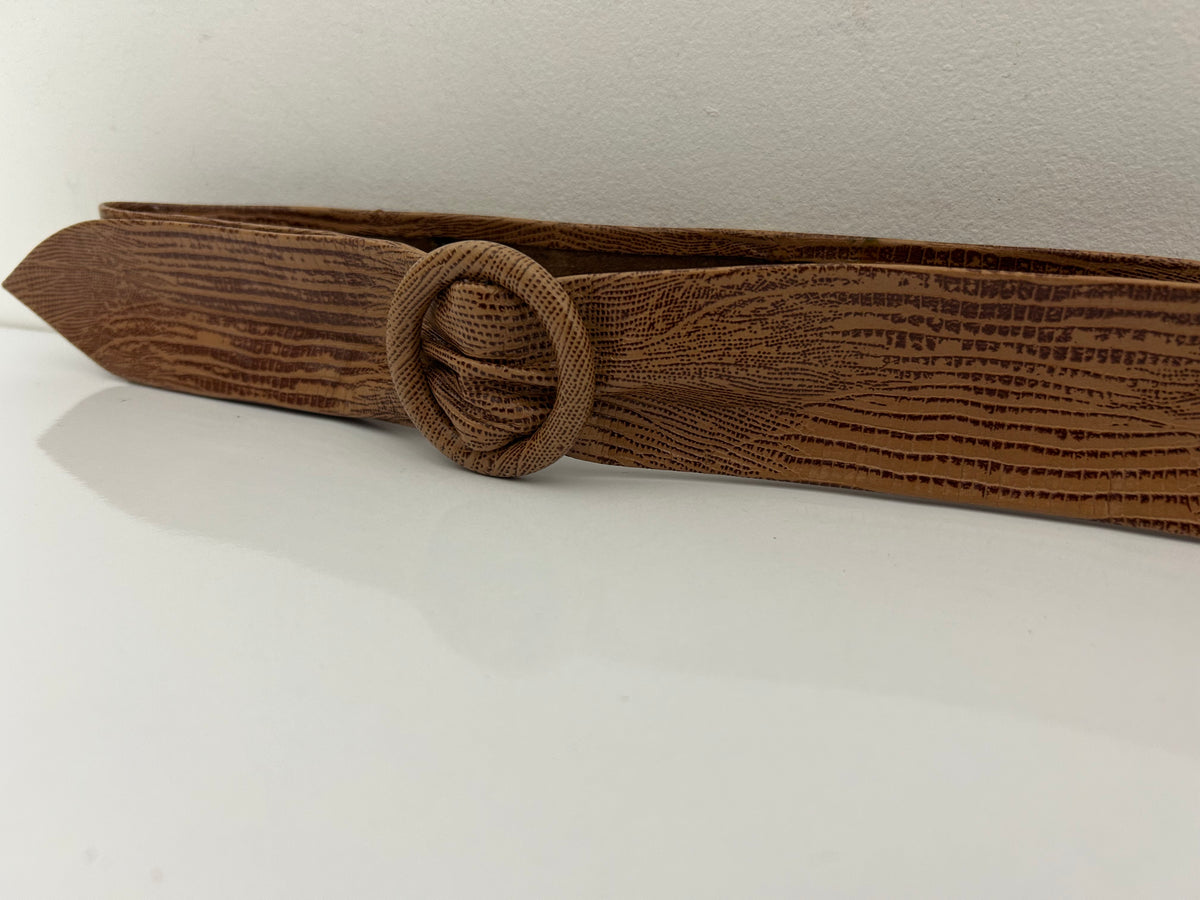 Vintage 1980s Tan Brown Snake Print Leather Cinch Belt Up To 30" Waist