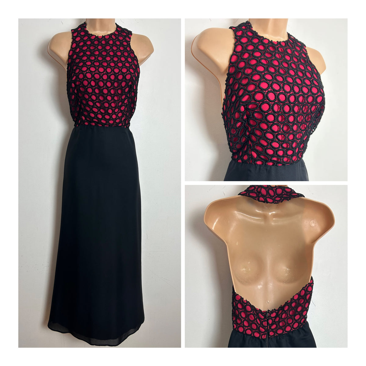Vintage 1960s EMENSON Size 8 Black & Raspberry Crochet Overlay Halter Neck Occasion Maxi Dress