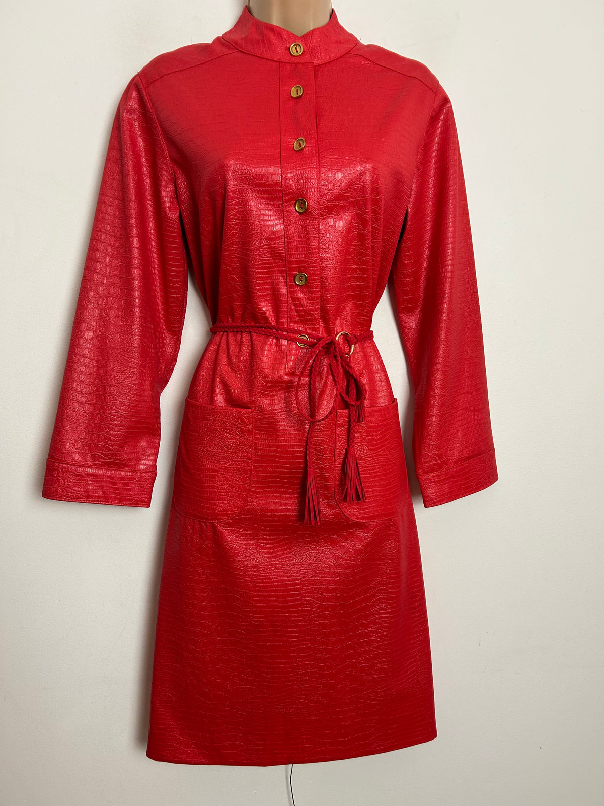Vintage 1980s HANBURY LTD UK Size 10-12 Red Wet Look Reptile Print Long Sleeve Belted Day Dress