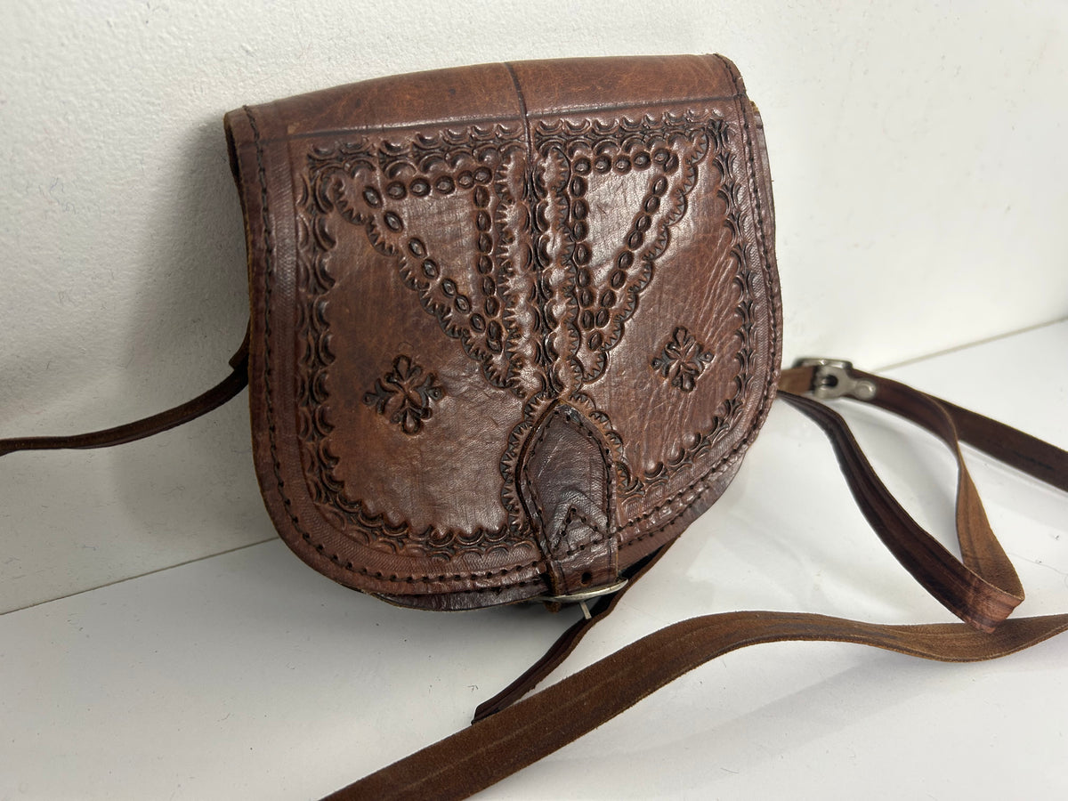 Vintage 1970s Small Brown Leather Tooled Mini Saddle Bag