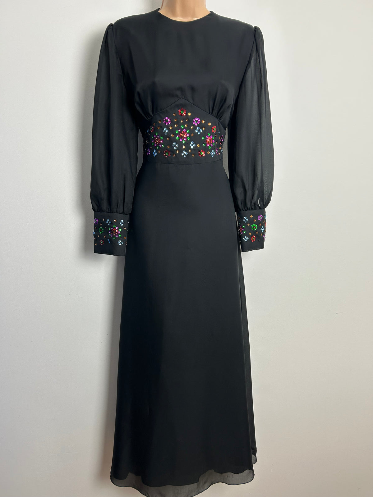 Vintage 1970s KLEEMIER HOFF Size 10 Black Chiffon Multicolour Sequin Detail Long Sleeve Occasion Maxi Dress
