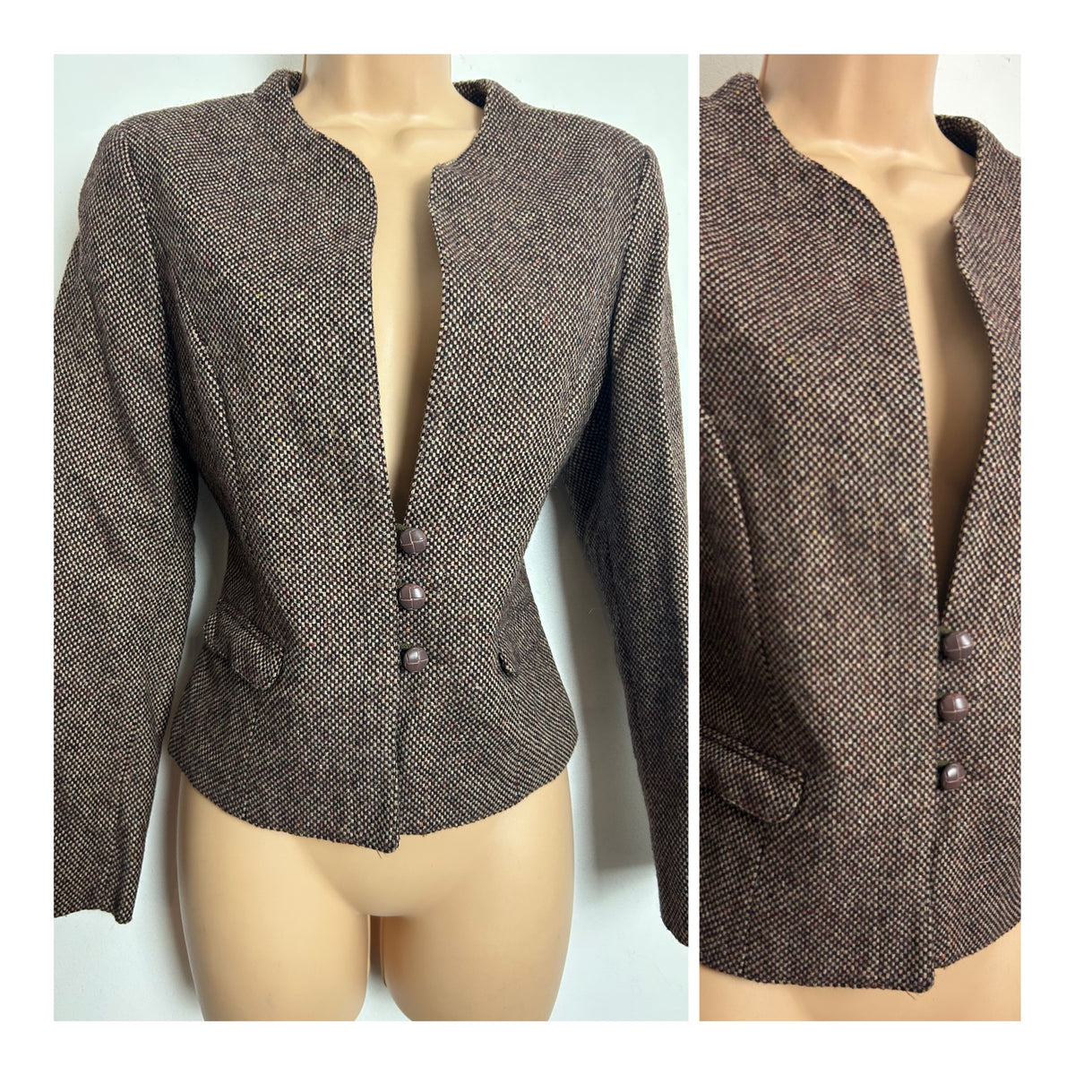 Vintage 1980s PLUM TREE CANADA Size 10 Brown Tweed Wool Mix Collarless Blazer