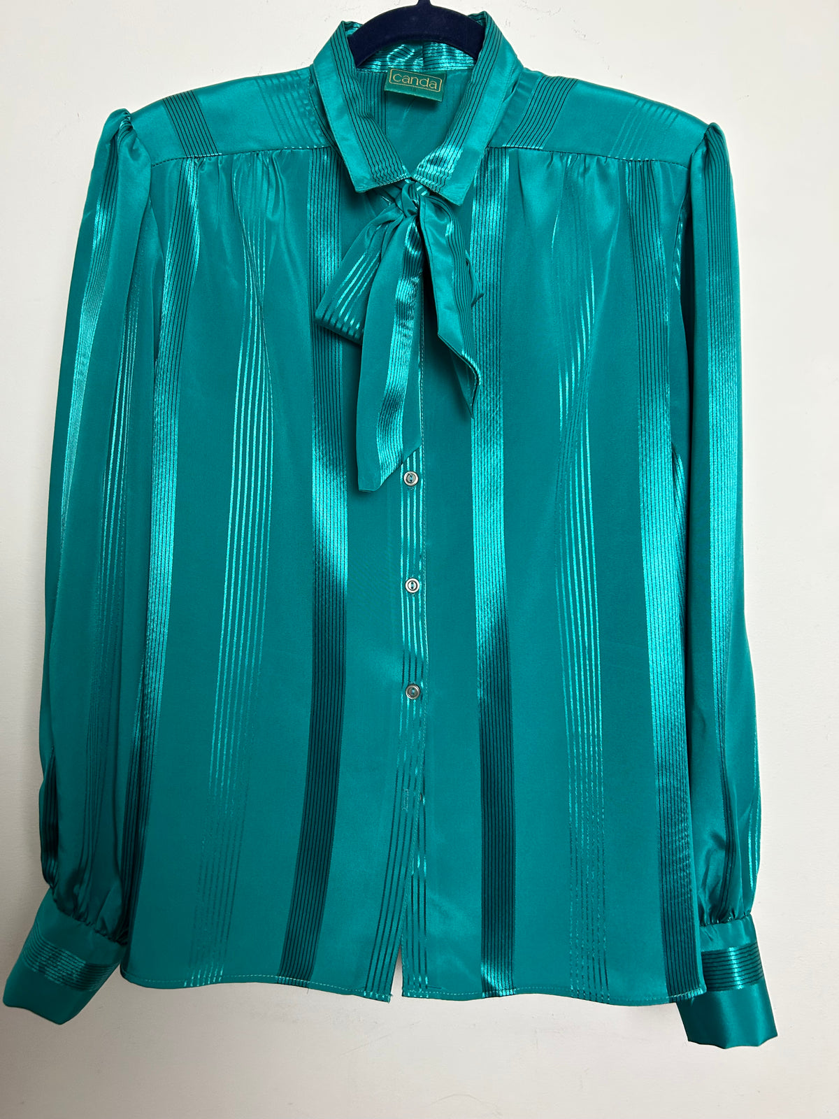 Vintage 1980s CANDA Size 16 Jade Green Pussy Bow Secretary Blouse