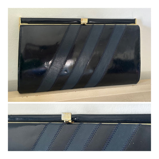 Vintage 1980s Black & Navy Blue Patent Stitch Stripe Panel Evening Clutch Bag