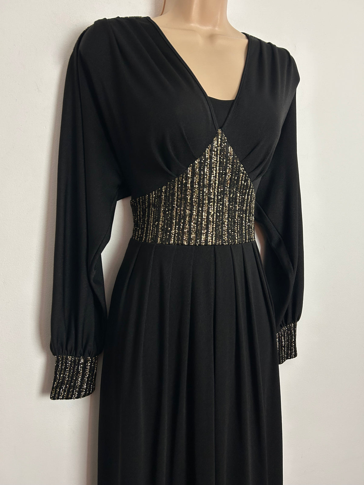 Vintage Early 1980s E&M AUGUSTAT UK Size 10 Black & Metallic Gold Pleated Evening Maxi Dress