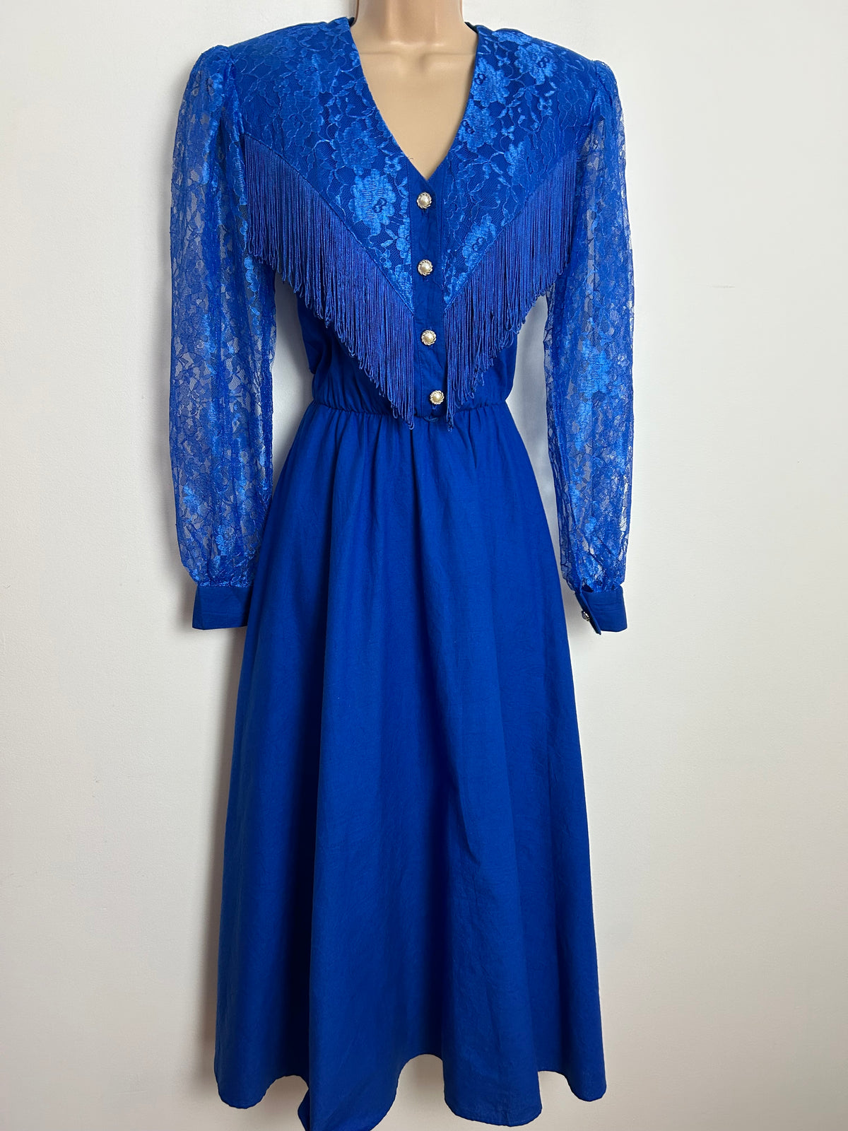 Vintage 1980s LILIA SMITTY Size 8 (US 3/4) Electric Blue Lace & Fringing Trim Western Dress