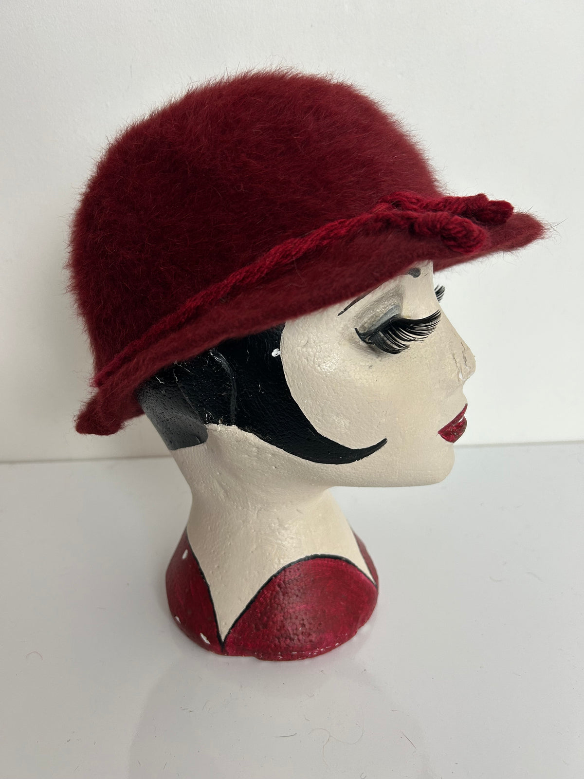 Vintage Austrian CHRISTA LEHNERT Dark Red Angora Wool Rope Trim Trilby Style Hat