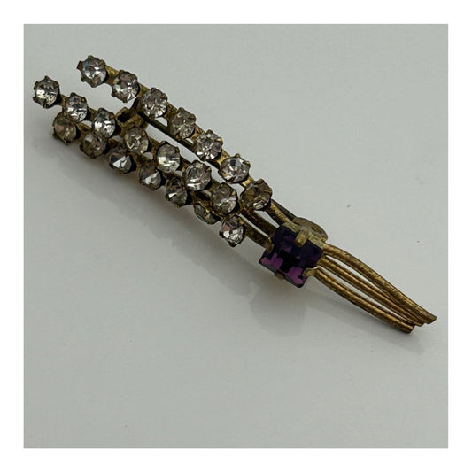 Vintage 1940s 1950s Gold Tone Base Metal Diamante & Purple Stone Set Foliage Pin Brooch