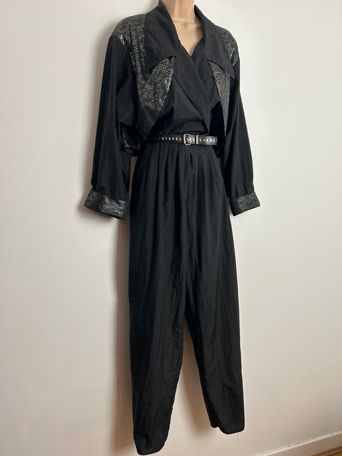 Vintage Extreme 1980s UK Size 12 Black & Metallic Multicolour Mock Waistcoat Belted Jumpsuit