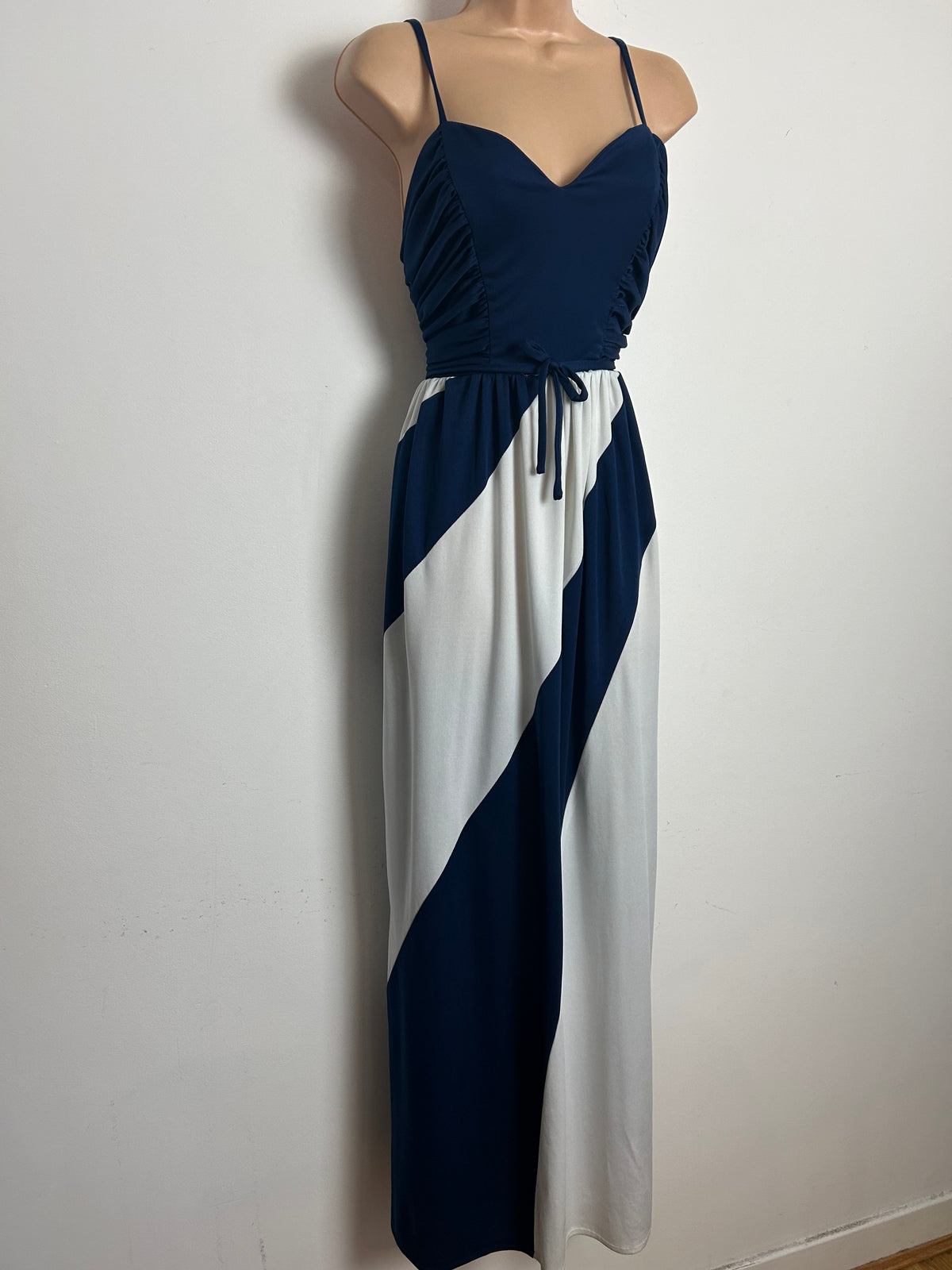 Vintage Late 1970s AFTER SIX Size 8 Navy Blue & White Panelled Strappy Occasion Maxi Dress