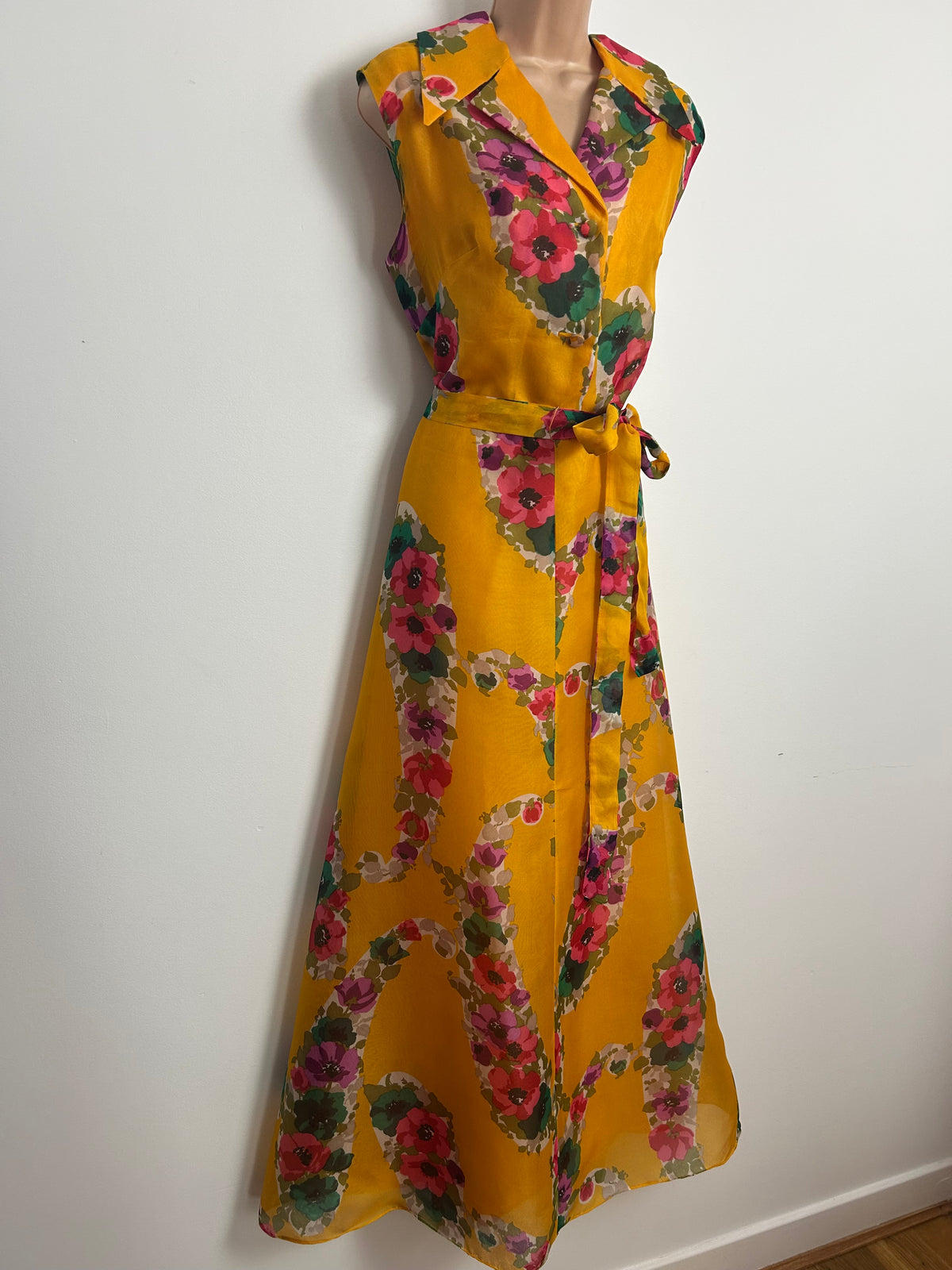 Vintage Early 1970s WOLF H BUSSE Size 14 Mustard Yellow & Pink Tones Dagger Collar Belted Maxi Dress