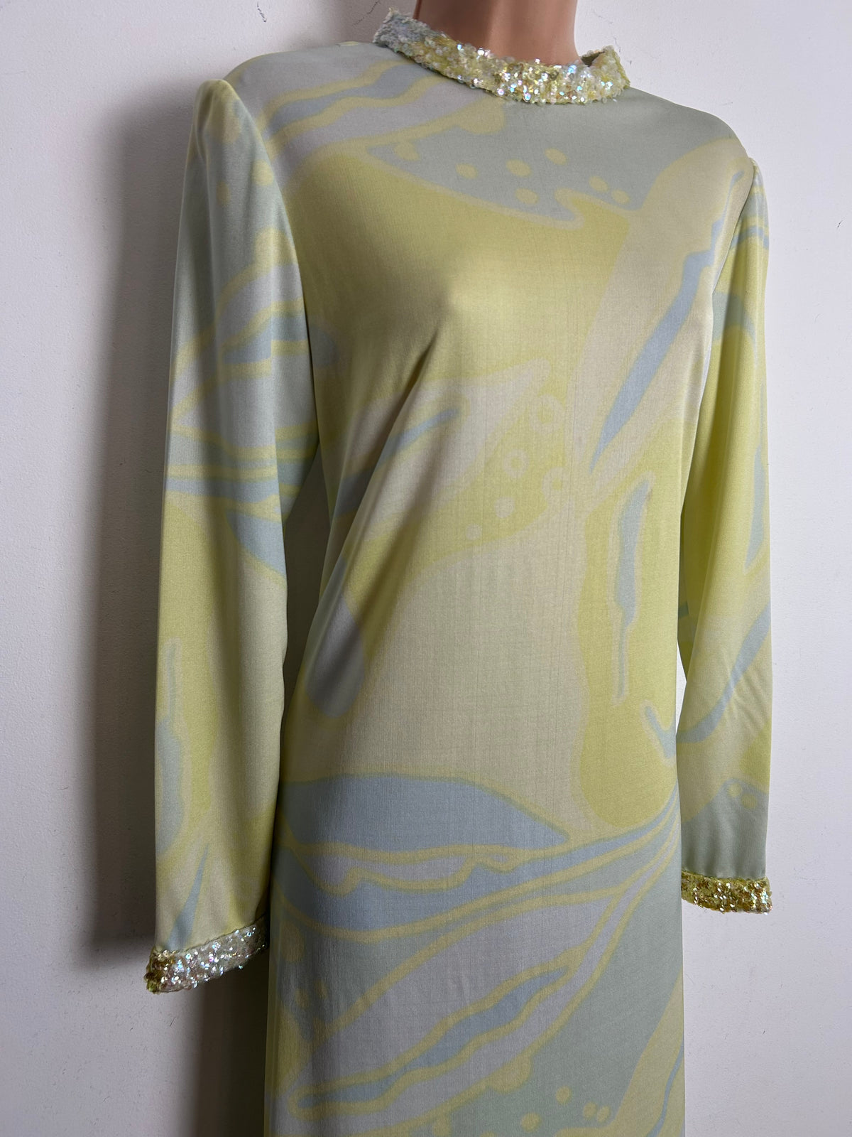 Vintage Late 1960s FRANK USHER Size 10-12 Patel Lemon Blue & Mint Green Abstract Sequin Trim Occasion Maxi Dress s