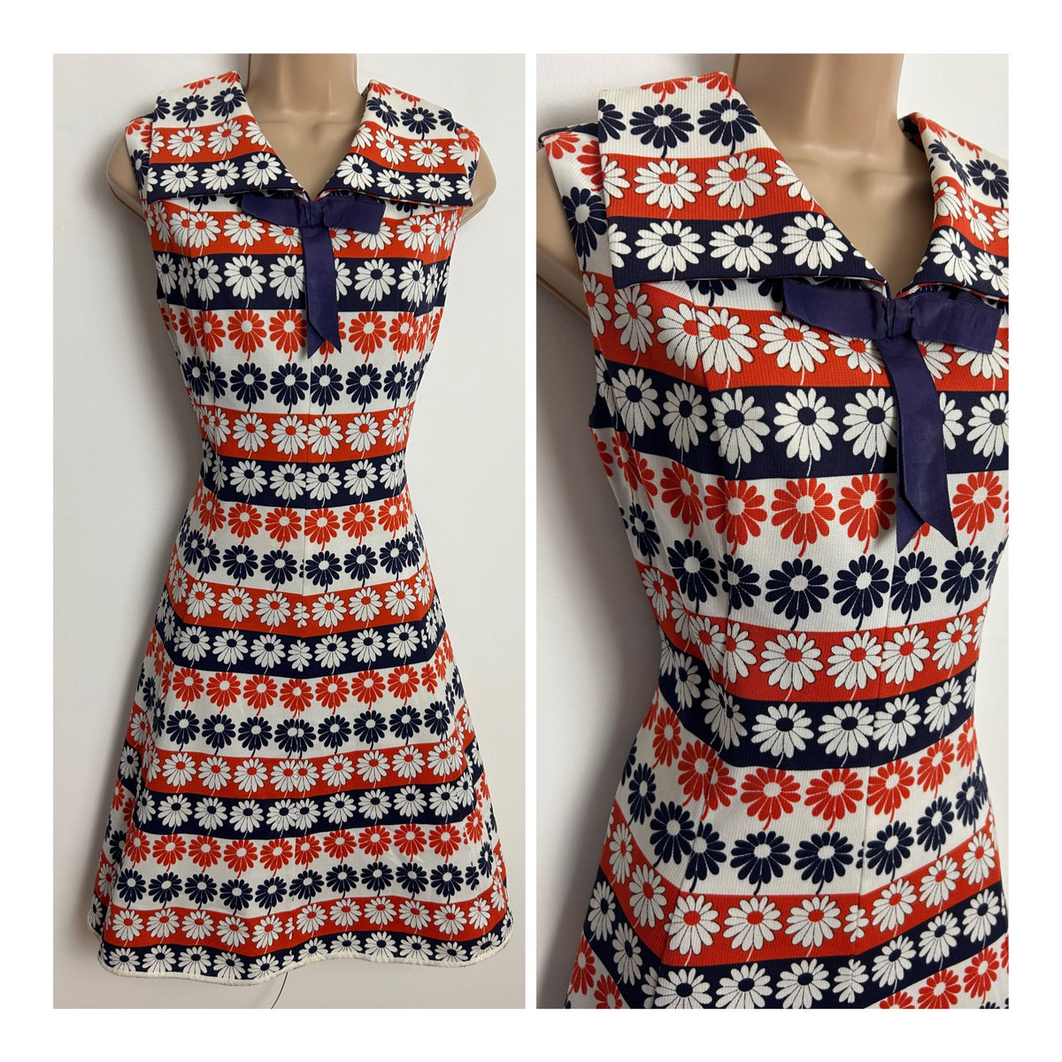Vintage 1960s ST MICHAEL Size 10-12 White Red & Blue Stripe & Daisy Print Wide Collared Bow Detail Mod Dress