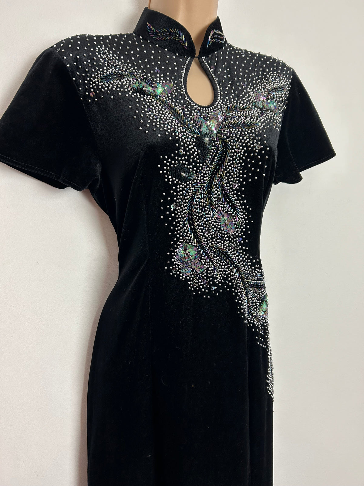 Vintage 1980s UK Size 10-12 Black Velvety Velour Bead & Sequin Embellished Evening Dress
