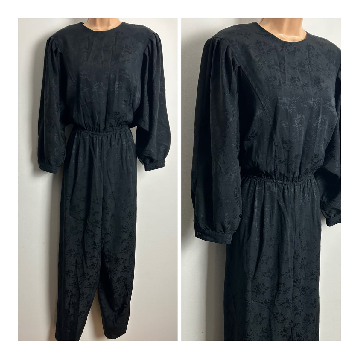 Vintage 1980s YOUR SIXTH SENSE Size 14 Black Abstract Pattern Bat Wing Sleeve Tapered Leg Jumpsuit