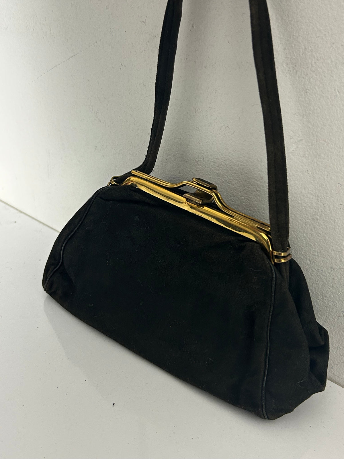 Vintage 1940s Black Suede & Gold Tone Frame Mini Handbag