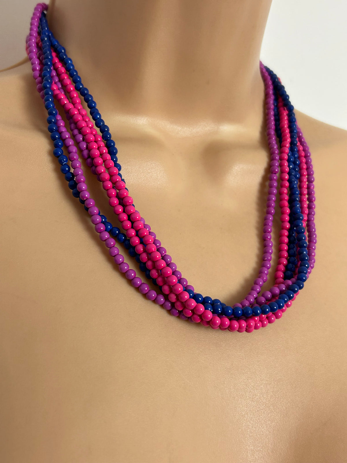 Vintage 1980s Pink & Blue Micro Bead Multi Strand Necklace