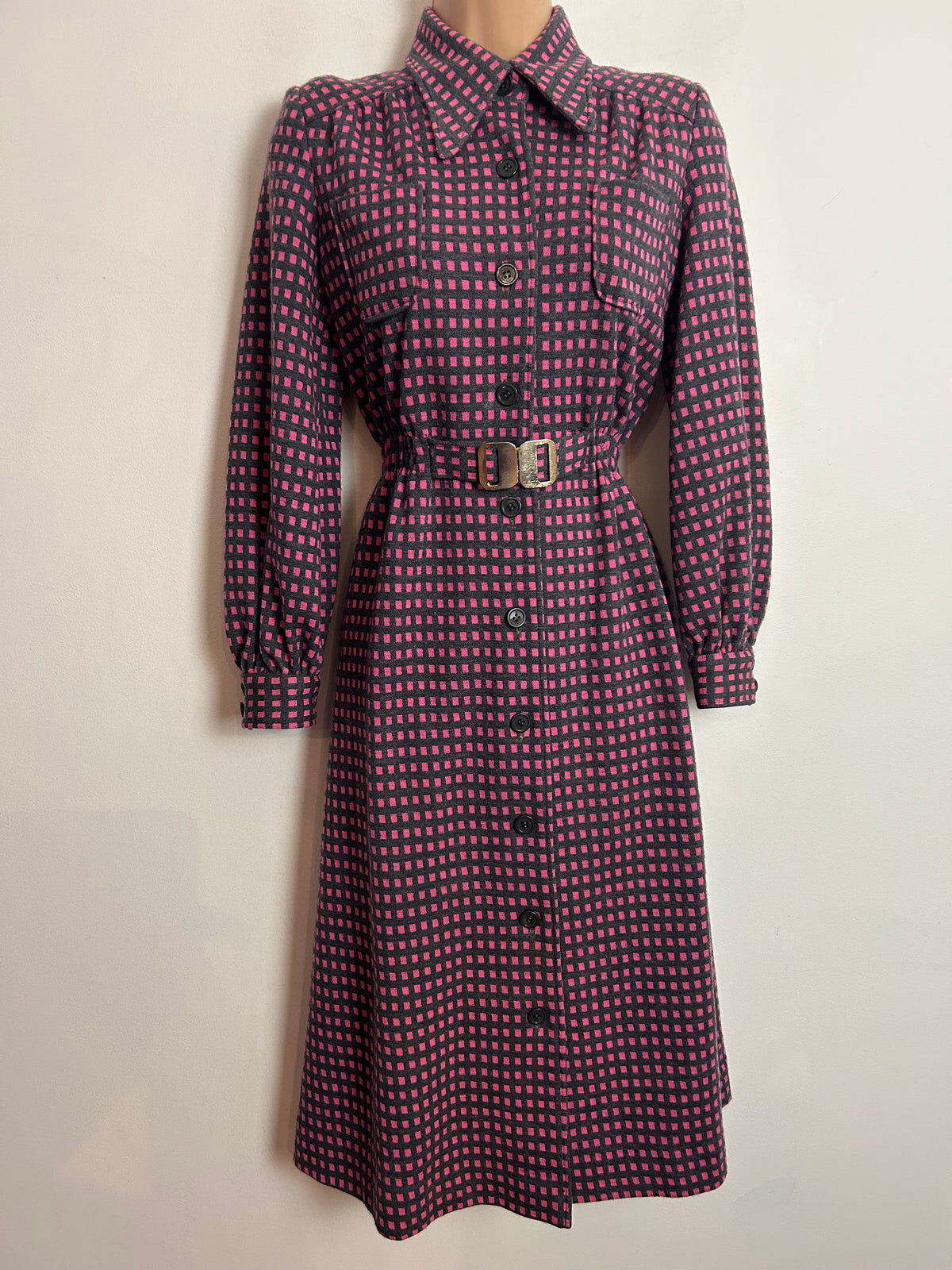 Vintage 1970s UK Size 12 Grey & Pink Check Wool Mix Buckle Waist Long Sleeve Day Dress