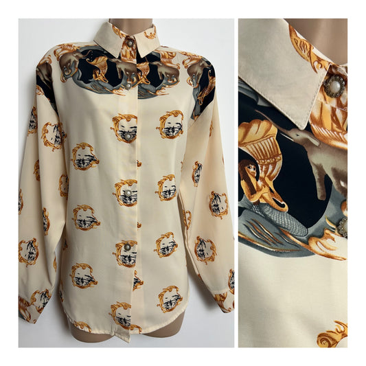 Vintage 1980s Size 14-16 Cream Elephants Mermaids & Yacht Novelty Print Long Sleeve Shirt