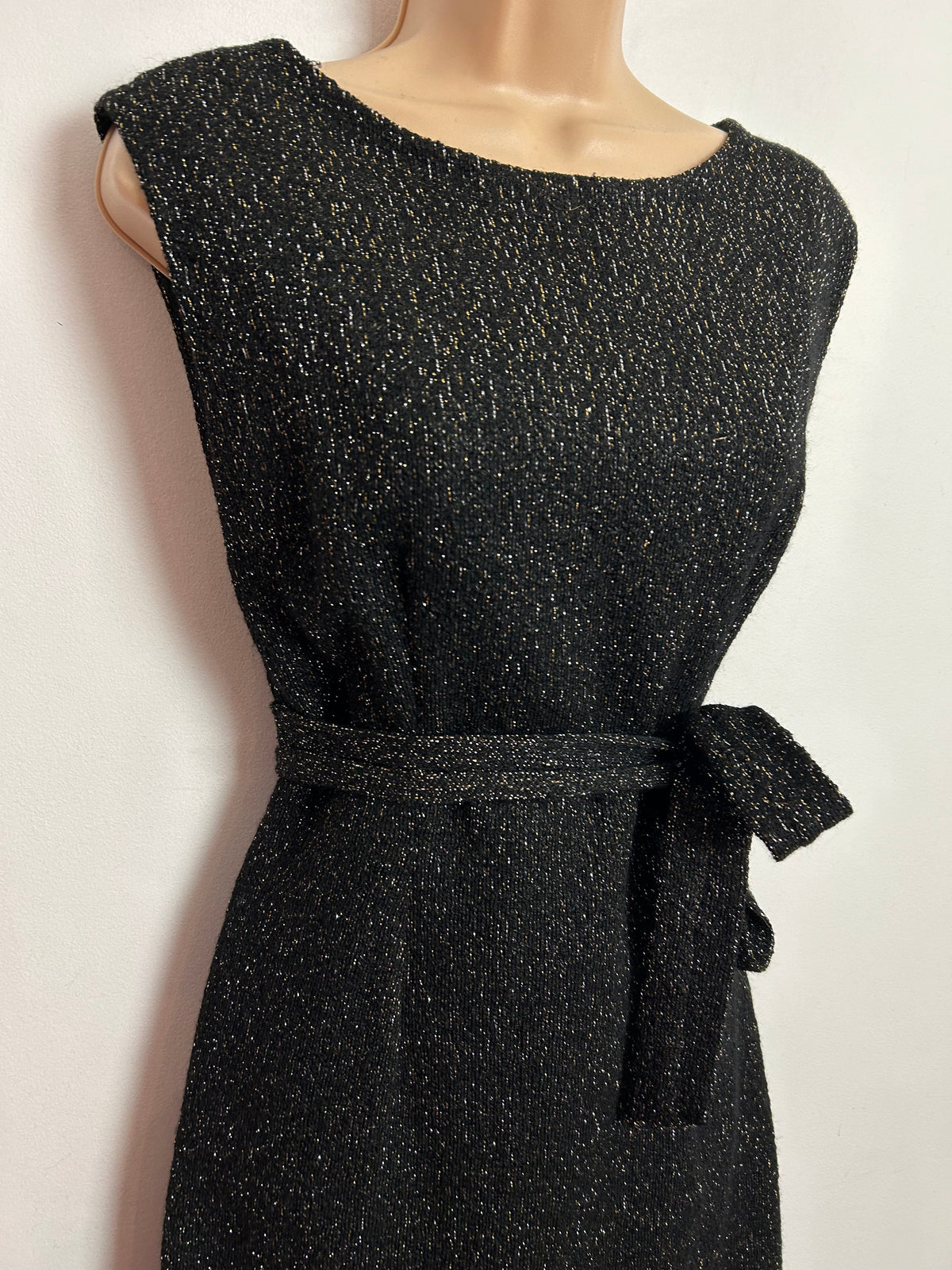 Vintage 1960s UK Size 10 Black & Metallic Thread Belted Xmas Party Dress