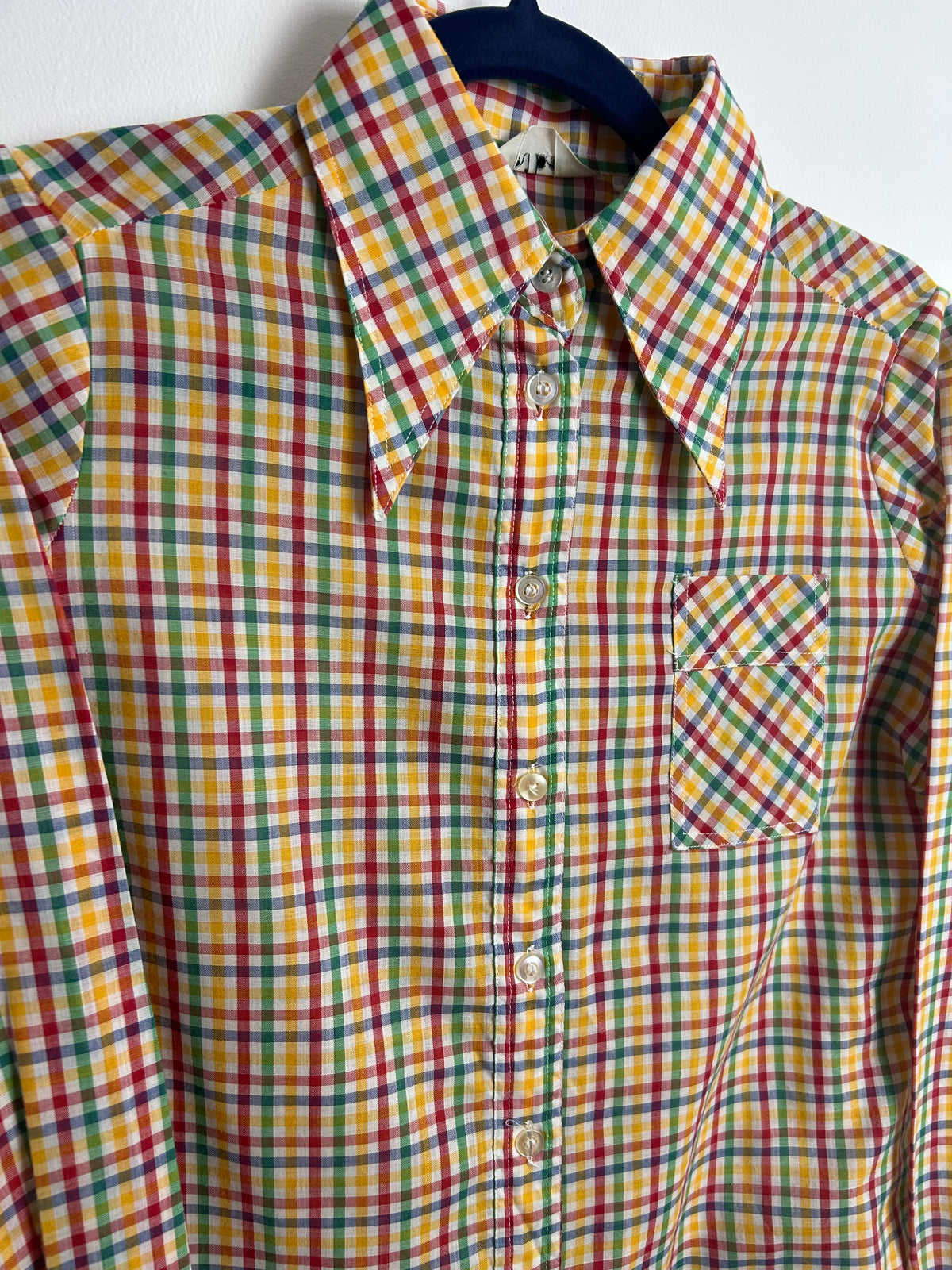 Vintage 1970s Size 10 Yellow Green Red & Blue Check Print Dagger Collar Cotton Mix Shirt