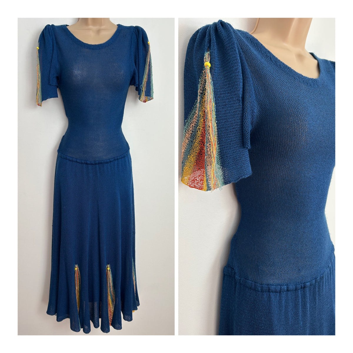 Vintage 1980s Size 8 Dark Blue Multicolour Stripe & Tassel Panels Knitted Midi Dress