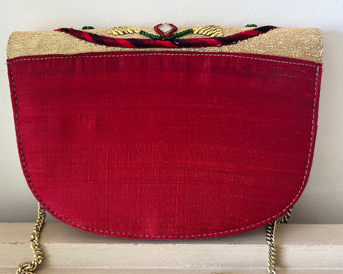 Vintage 1970s REGAL Small Red & Metallic Gold Mirror Sequin Bead & Embroidered Detail Shoulder Bag
