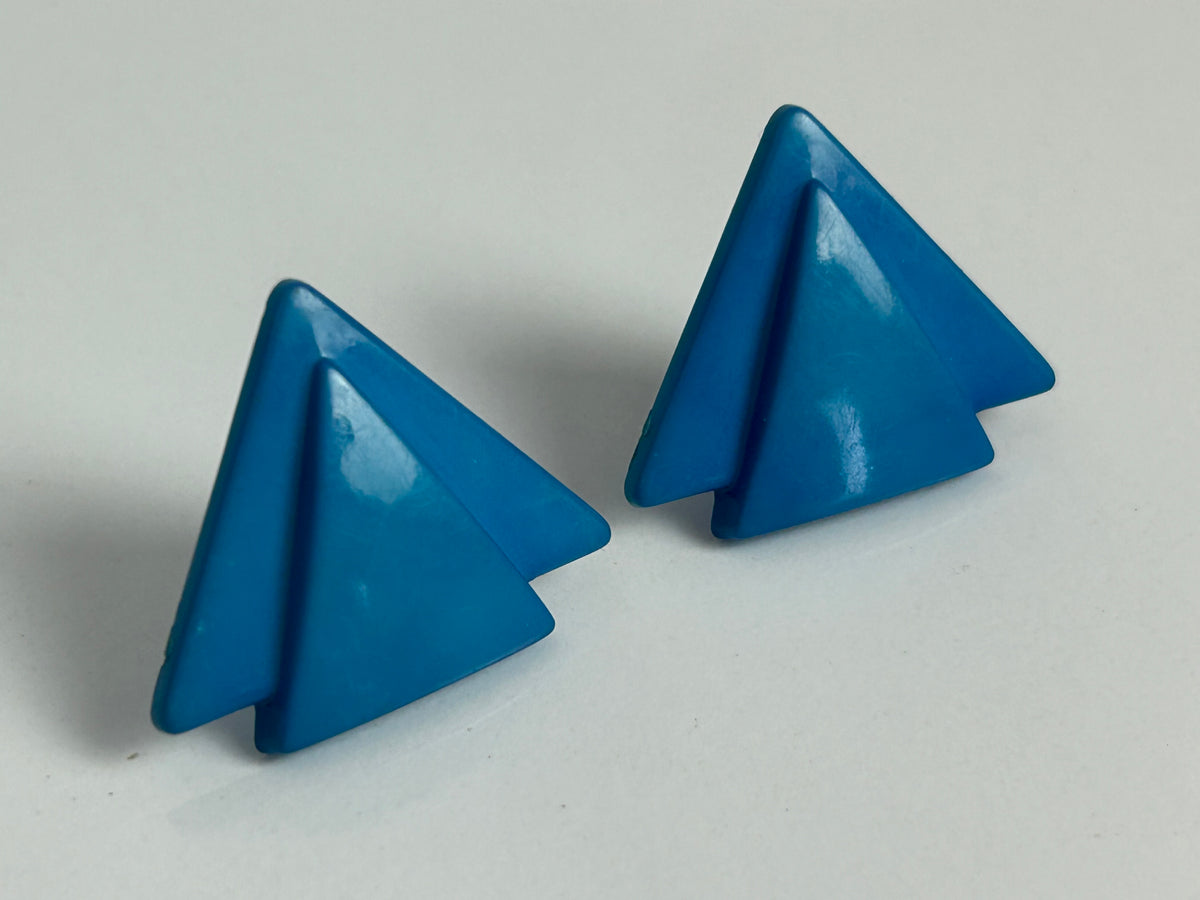 Vintage 1980s Blue Plastic Triangular Shaped Art Deco Style Clip On Earrings