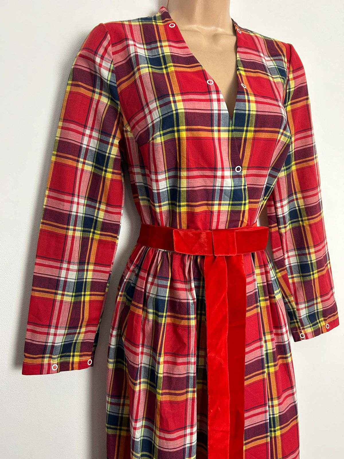 Vintage 1970s FURSTENBERG UK Size 10 Red Tartan Check Removeable Collared Full Wrap Belted Maxi Dress