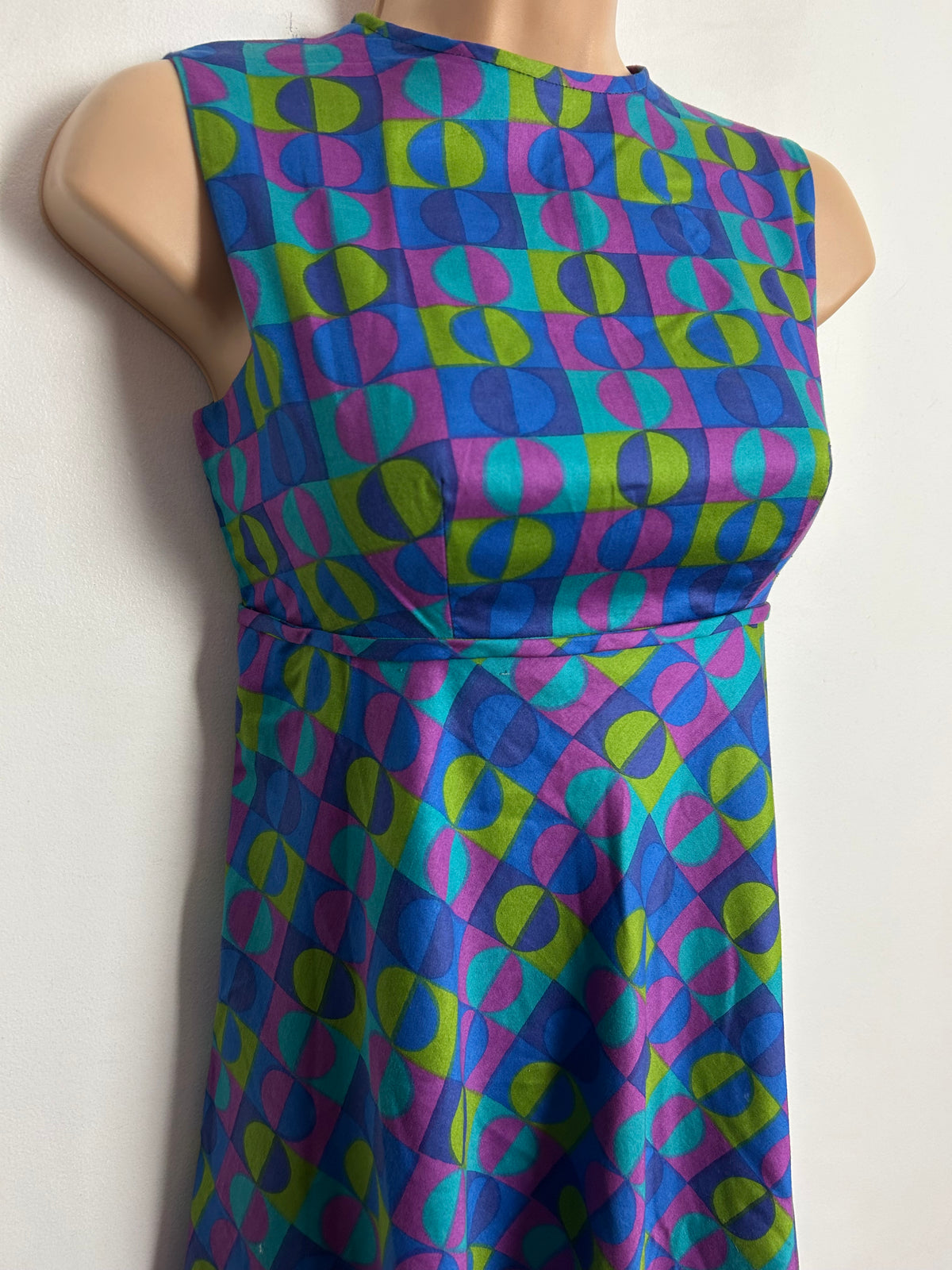 Vintage 1960s UK Size 6-8 Blue Pink Green & Turquoise Square & Circle Print Empire Line Short Mod Shift Dress