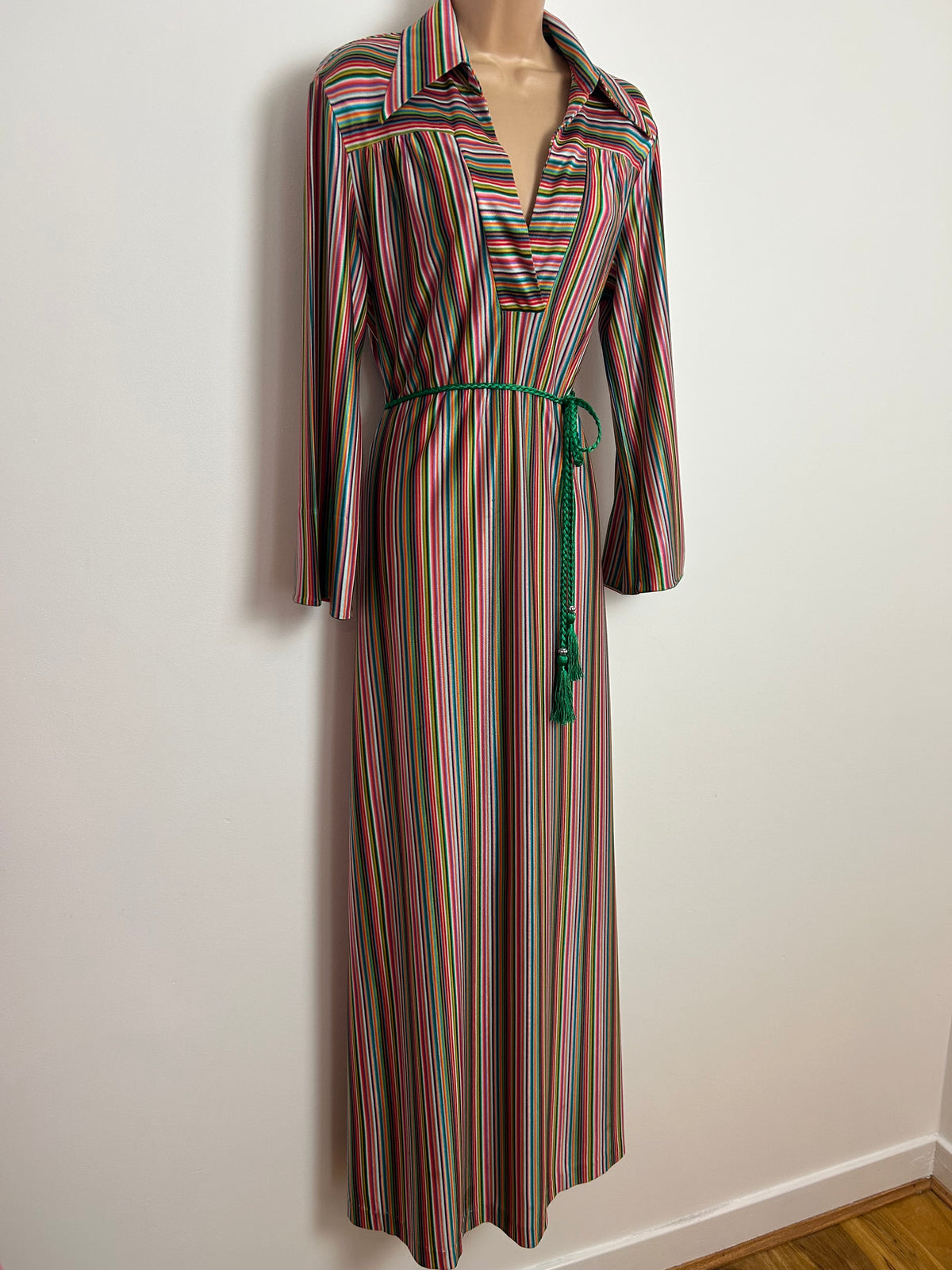 Vintage 1970s Up To Size 16 ST MICHAEL Green Pink Red Yellow Stripe Print Dagger Collar Kaftan Maxi Dress