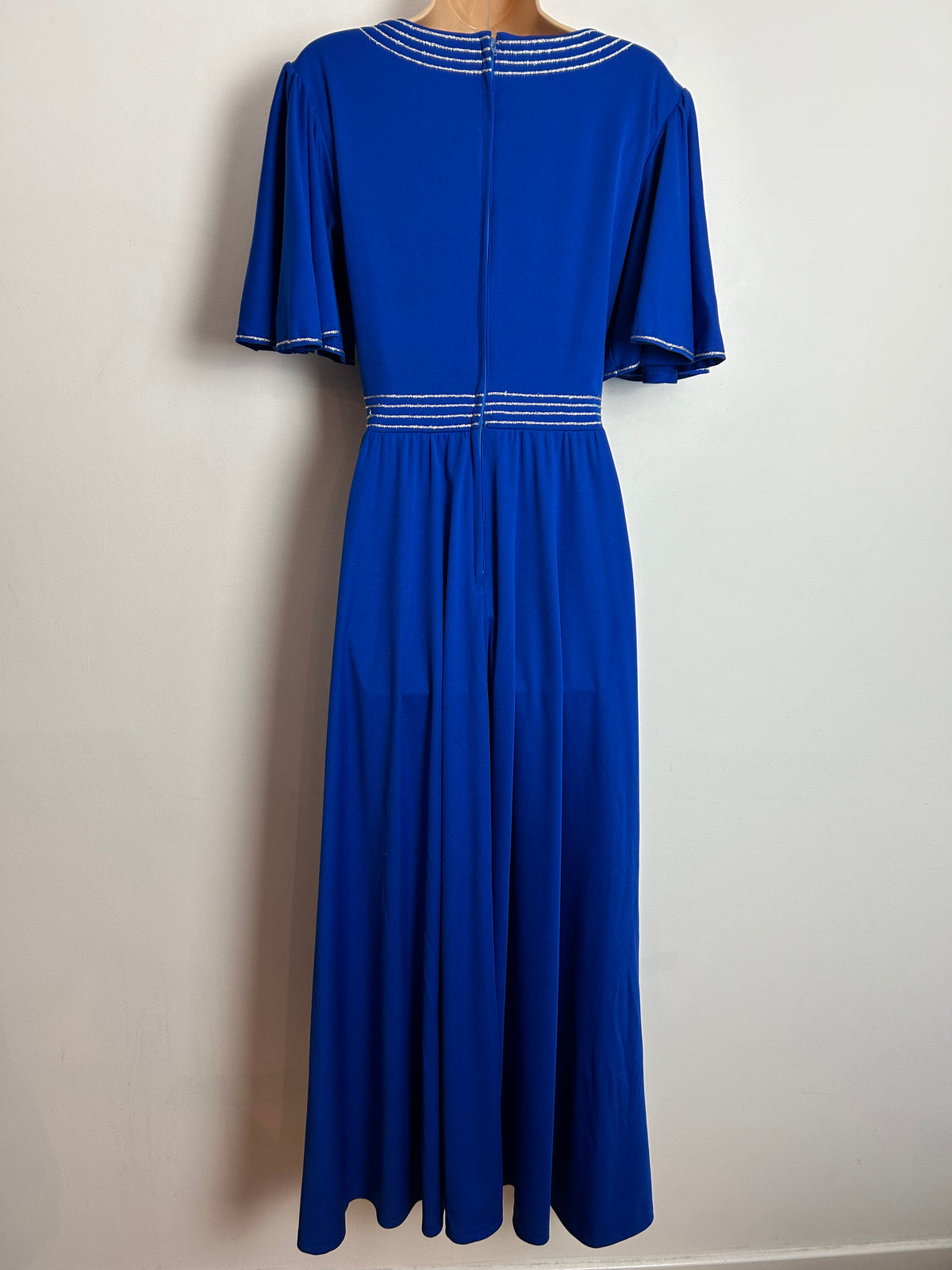 Vintage 1970s THE HOUSE OF NICHOLAS UK Size 14 Royal Blue & Silver Piping Trim Flutter Sleeve Evening Dress