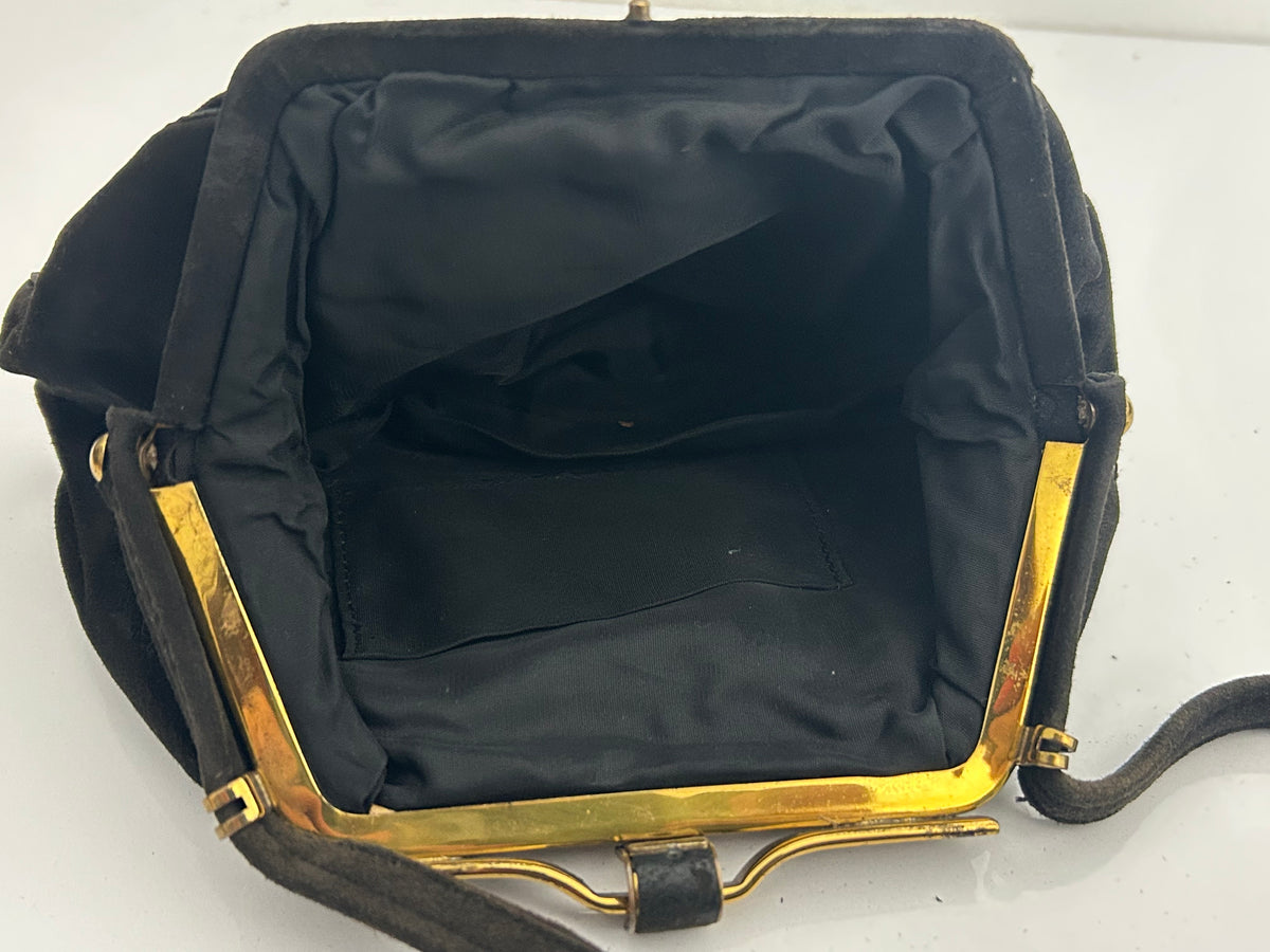 Vintage 1940s Black Suede & Gold Tone Frame Mini Handbag