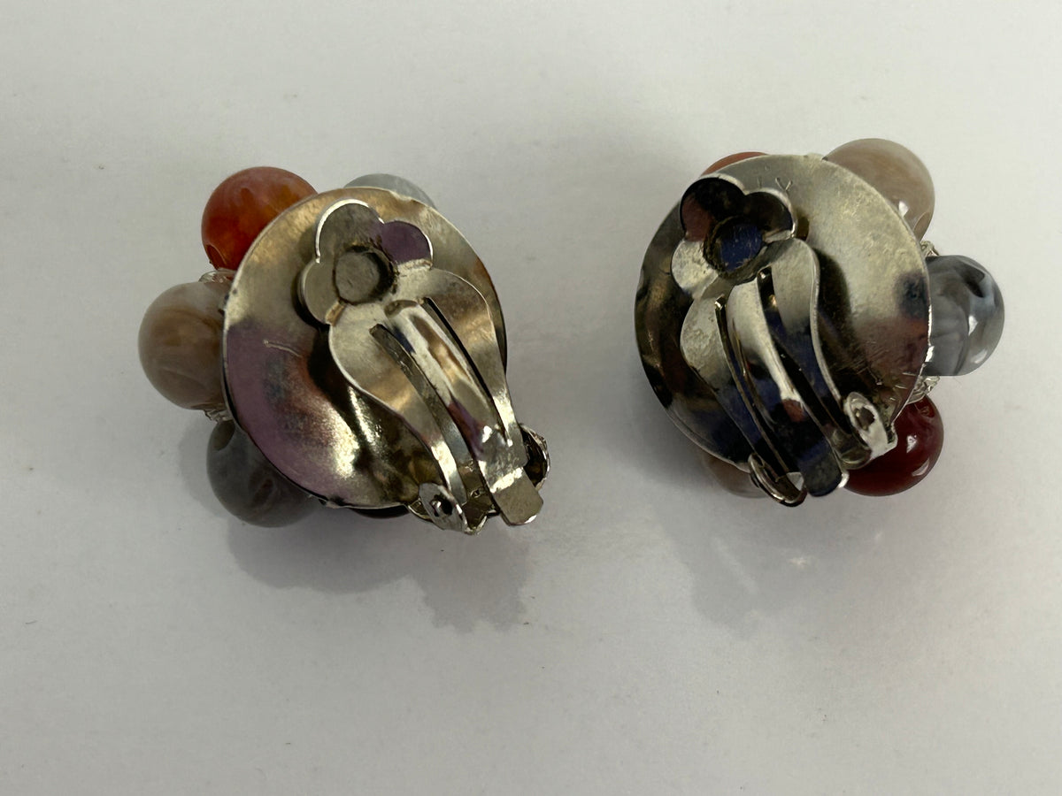Vintage 1960s Silver Tone Scottish Celtic Bead Flower Clip On Earrings