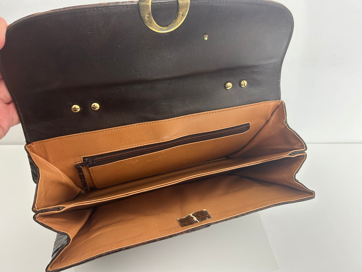 Vintage 1960s Gorgeous Mexican OTTO BULER G Brown Turtle Skin Gold Handle Handbag