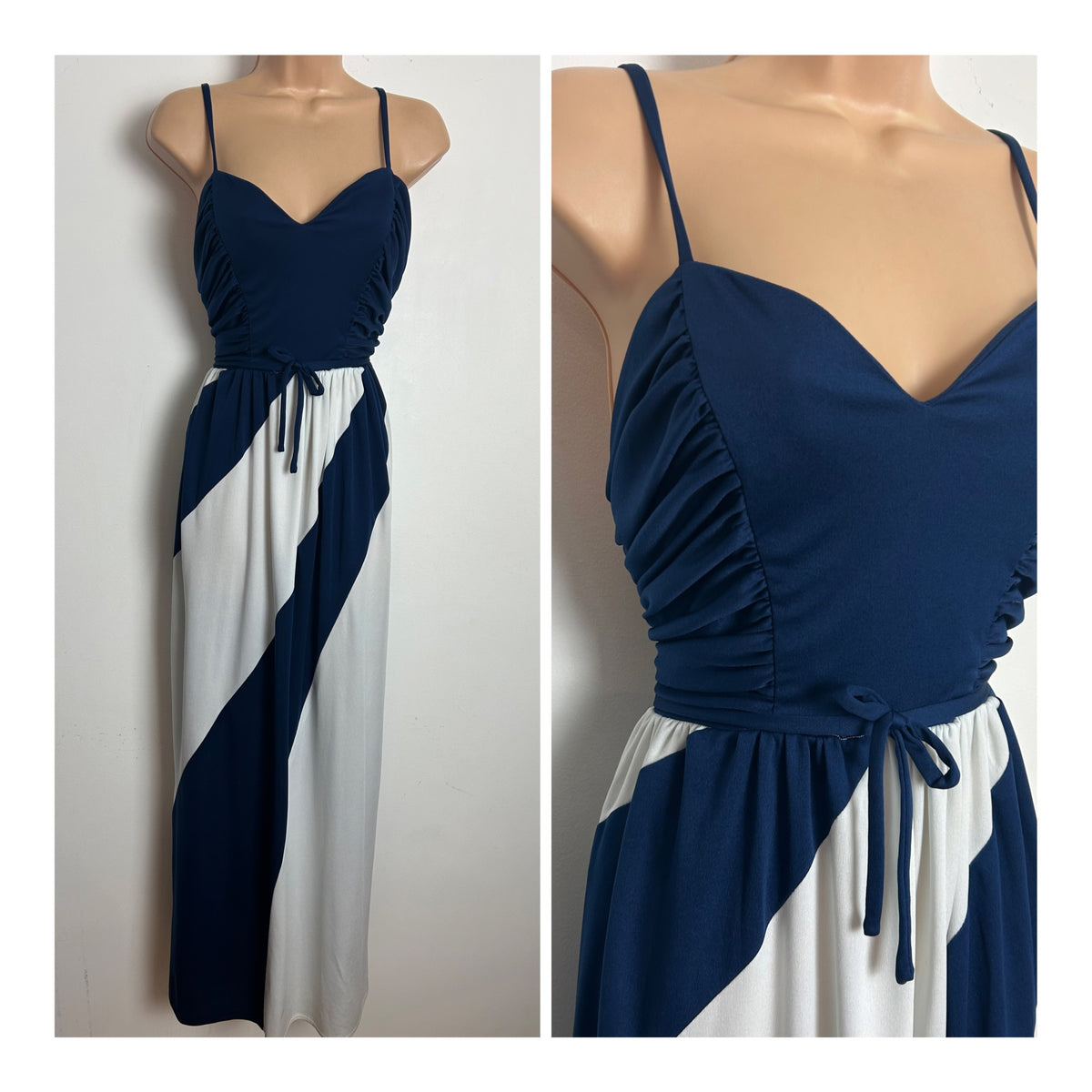 Vintage Late 1970s AFTER SIX Size 8 Navy Blue & White Panelled Strappy Occasion Maxi Dress