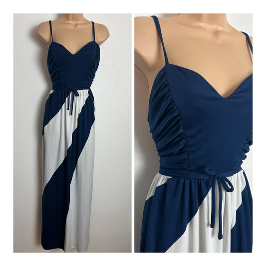 Vintage Late 1970s AFTER SIX Size 8 Navy Blue & White Panelled Strappy Occasion Maxi Dress