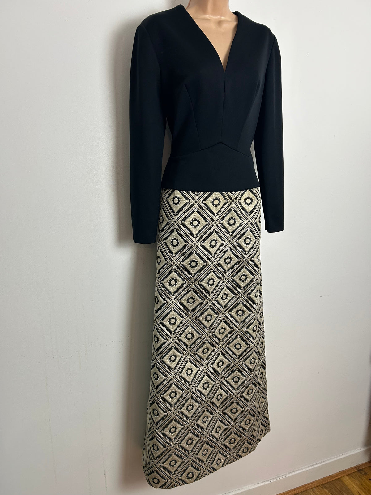 Vintage 1960s CARNEIGIE OF LONDON Size 12 Black & Metallic Gold Peplum Occasion Evening Maxi Dress