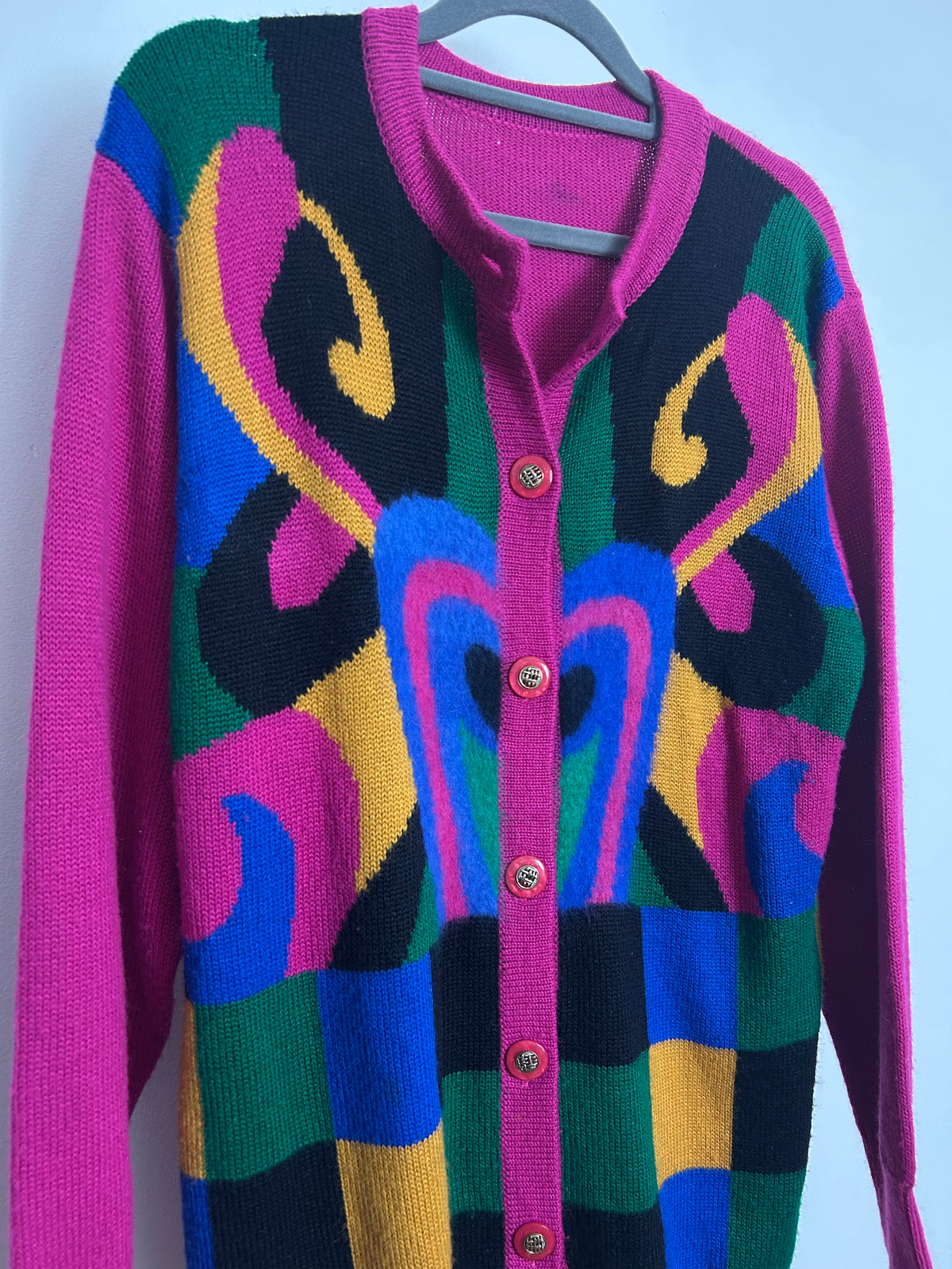Vintage 1980s Up To Size 12 Pink Mustard Blue Green & Black Abstract Print Wool Mix Cardigan