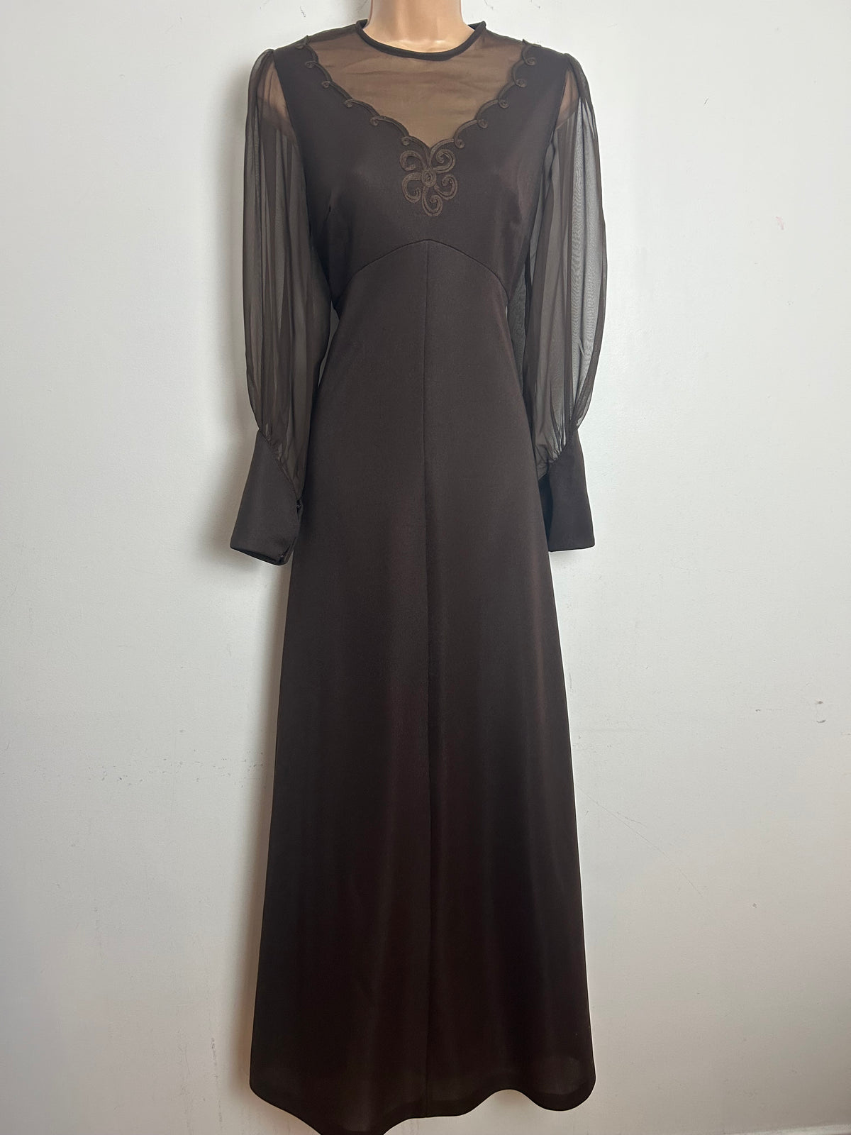 Vintage 1970s Size 10 Chocolate Brown Illusion Neck Long Sleeve Occasion Maxi Dress